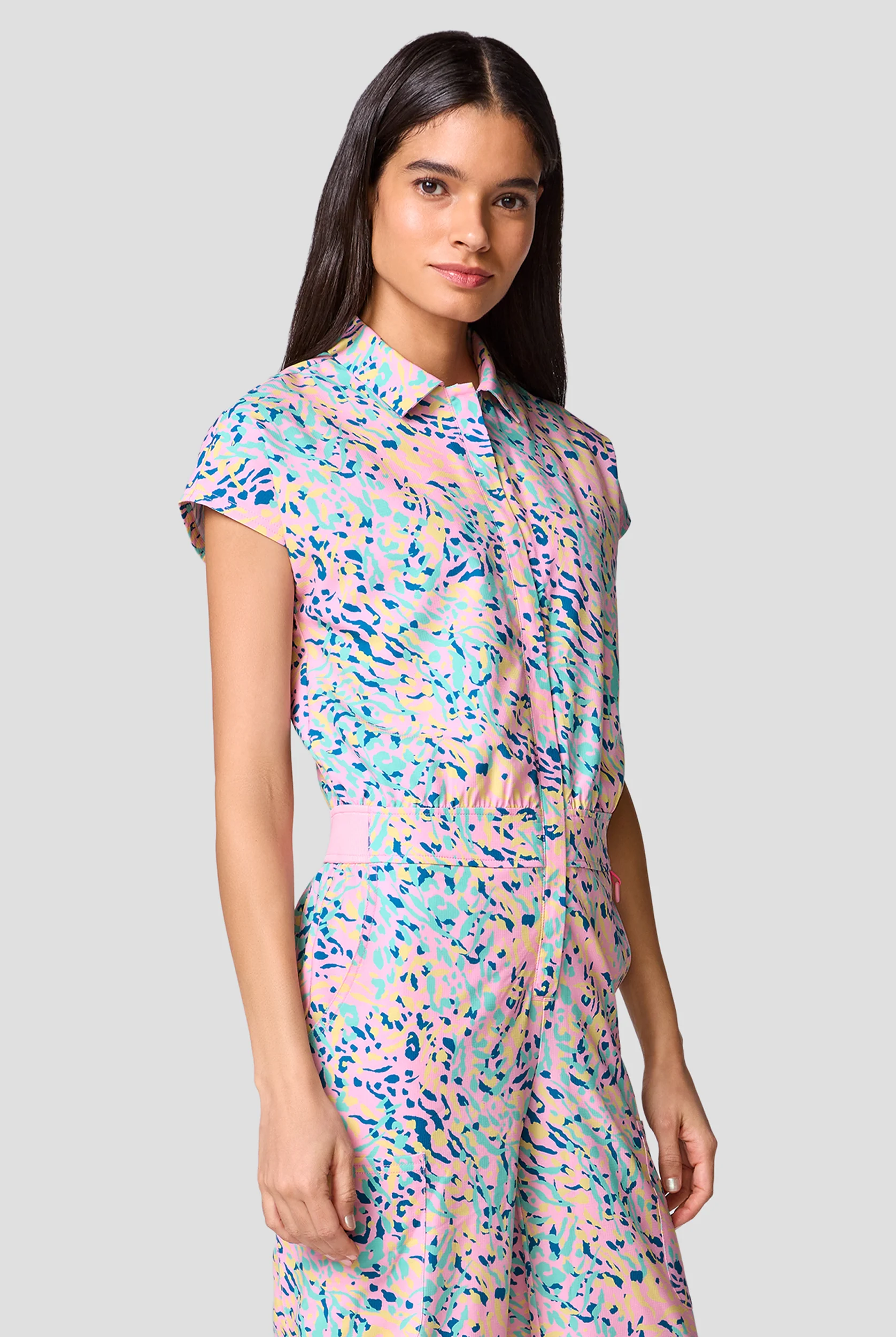 Med Couture Amp Tutti Frutti Tiger Women's 4-Pocket STRETCH Wide Leg Printed Scrub Jumpsuit