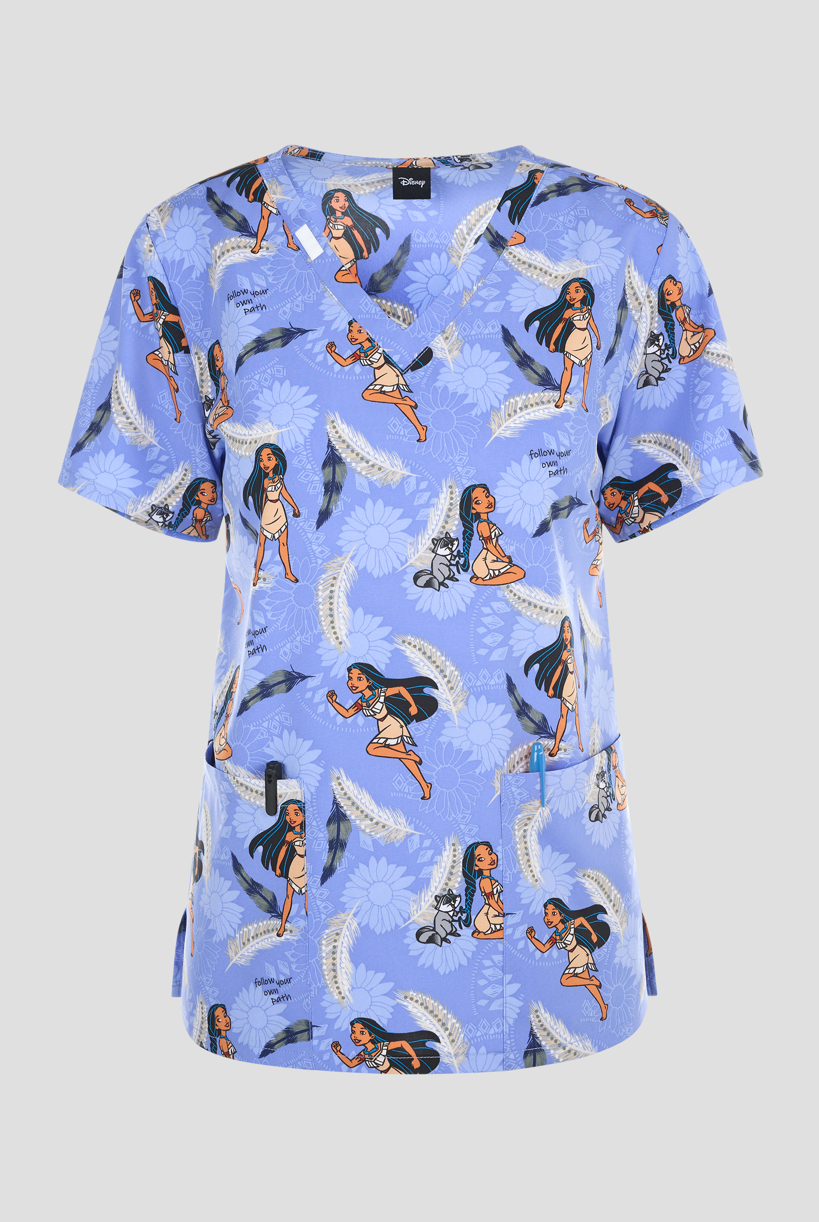 Tooniforms Disney's Pocahontas True Pathways Women's 2-Pocket STRETCH V-Neck Print Scrub Top