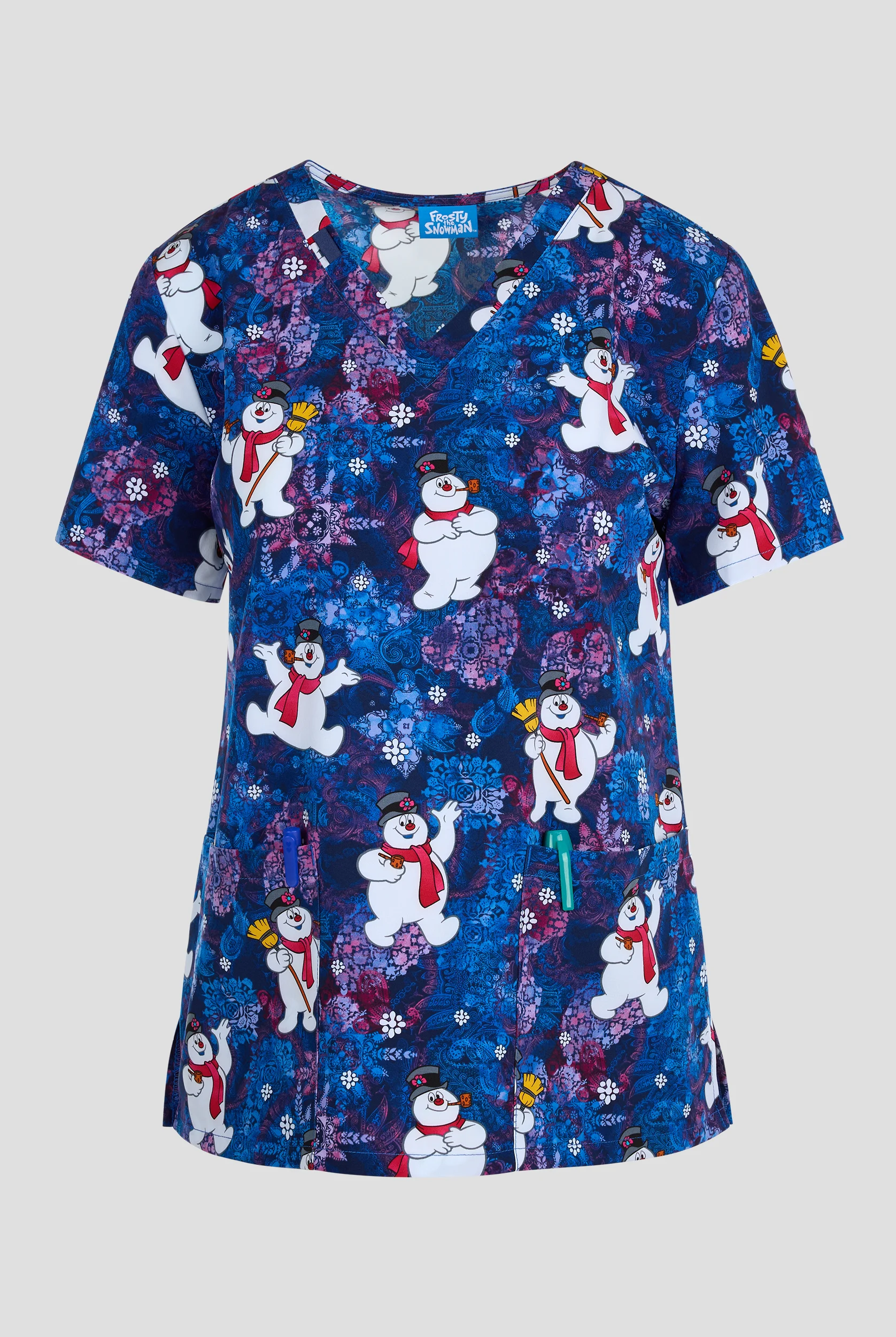 Tooniforms Frosty Snowman Chilly Tiles Women's 2-Pocket STRETCH V-Neck Print Scrub Top