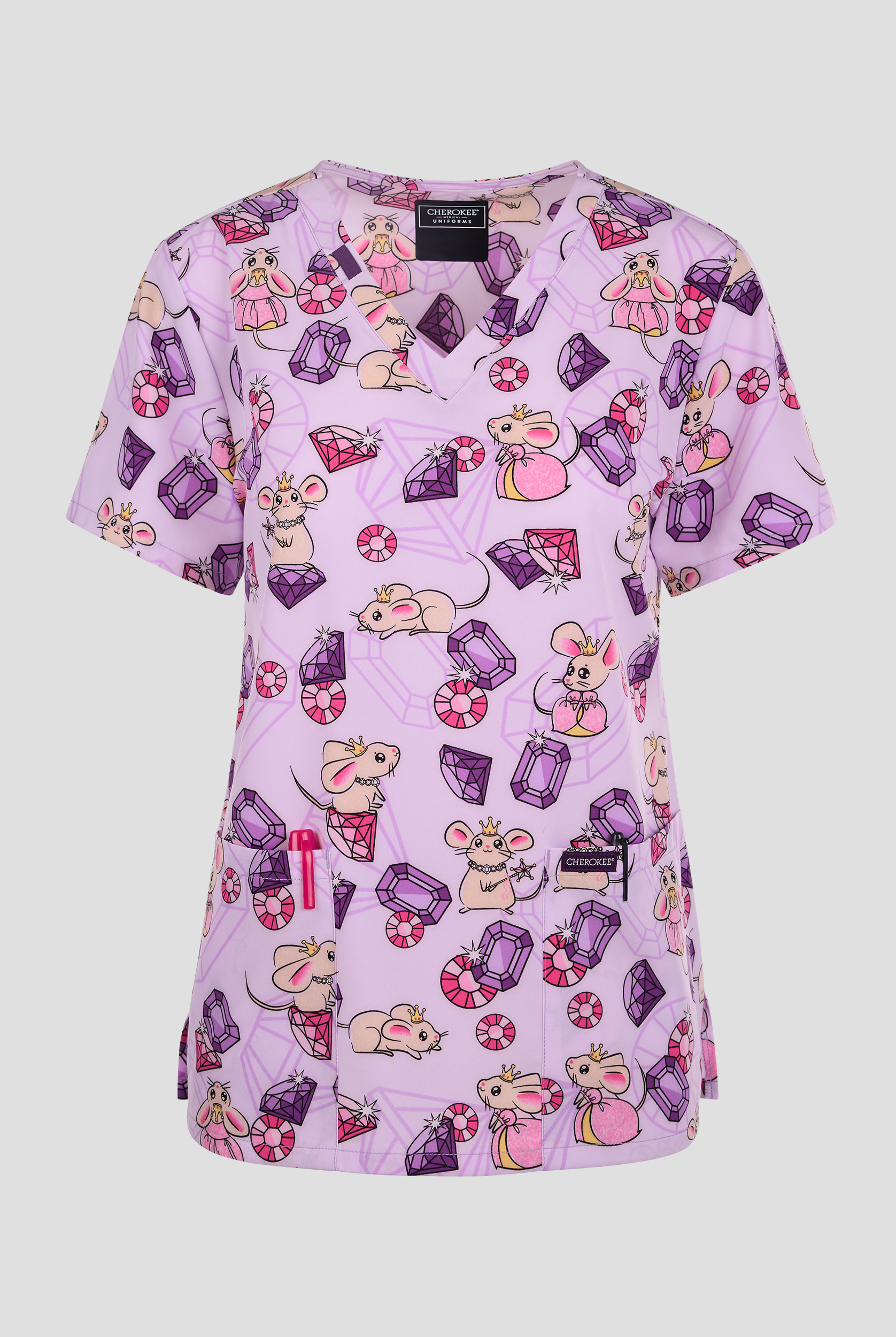 Cherokee Princess Mouse Women's 2-Pocket STRETCH V-Neck Print Scrub Top
