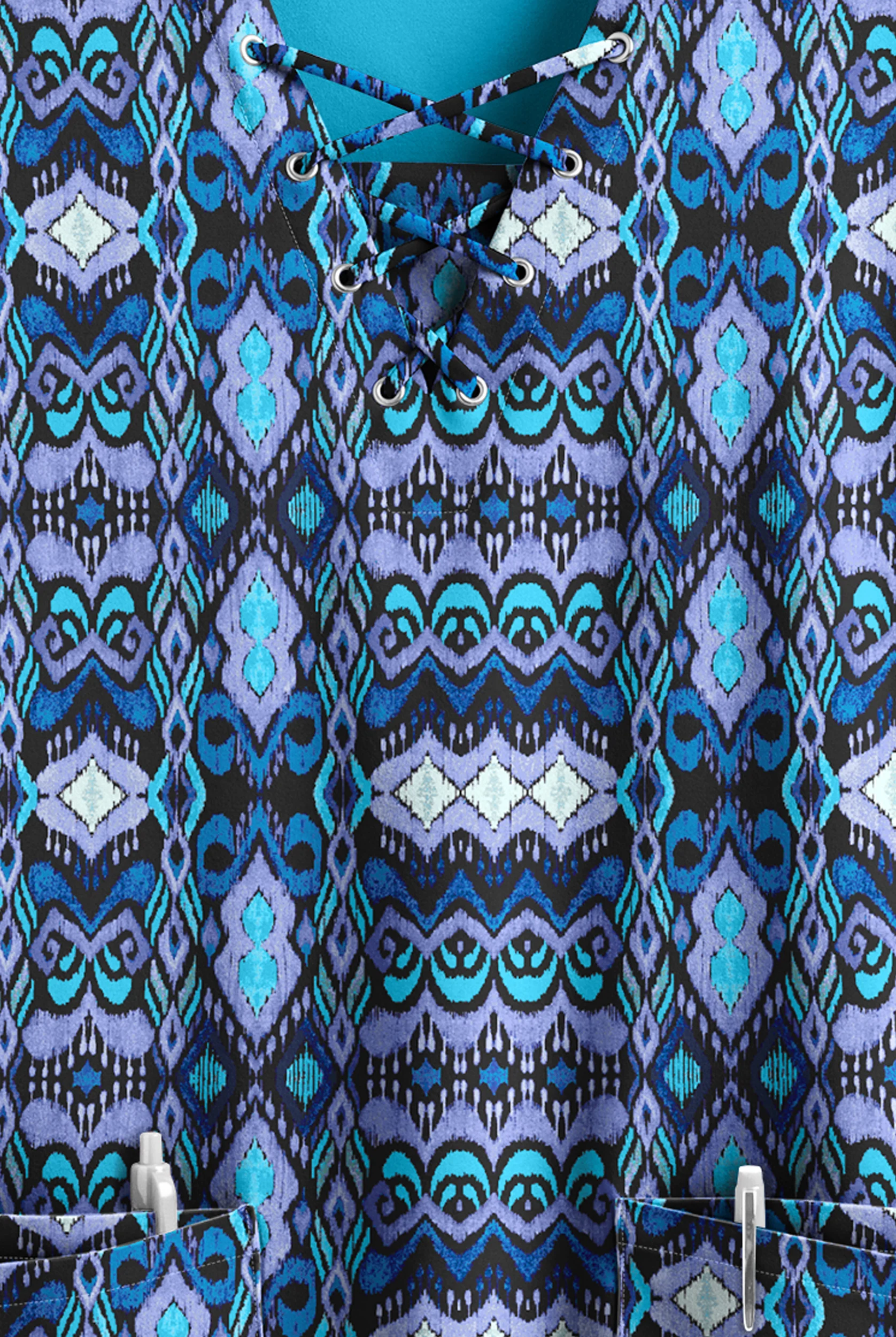 Easy STRETCH Whispering Ikat Onyx Women's 4-Pocket V-Neck Print Scrub Top