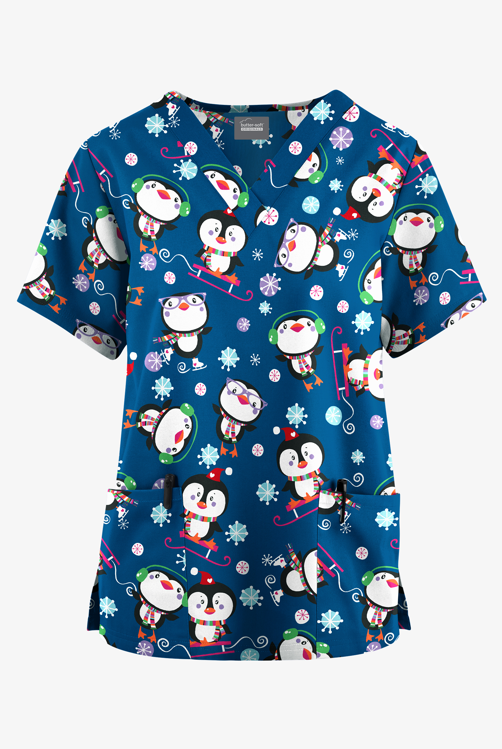 Butter-Soft Originals Penguin Playland Royal Women's 2-Pocket Classic Fit V-Neck Print Scrub Top