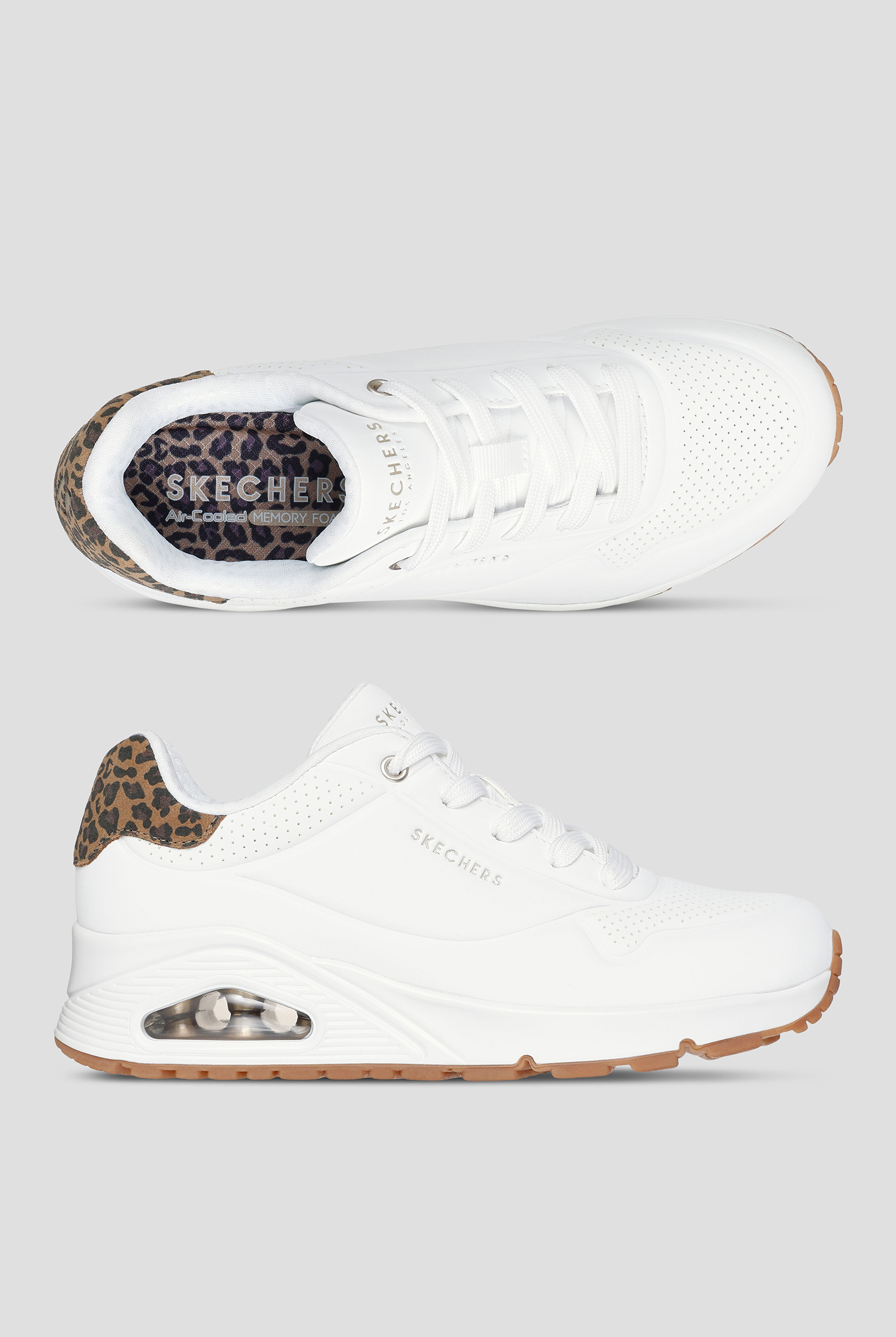 Skechers Street White Leopard Moustache Durabuck Uno Athletic Lace Up Shoes