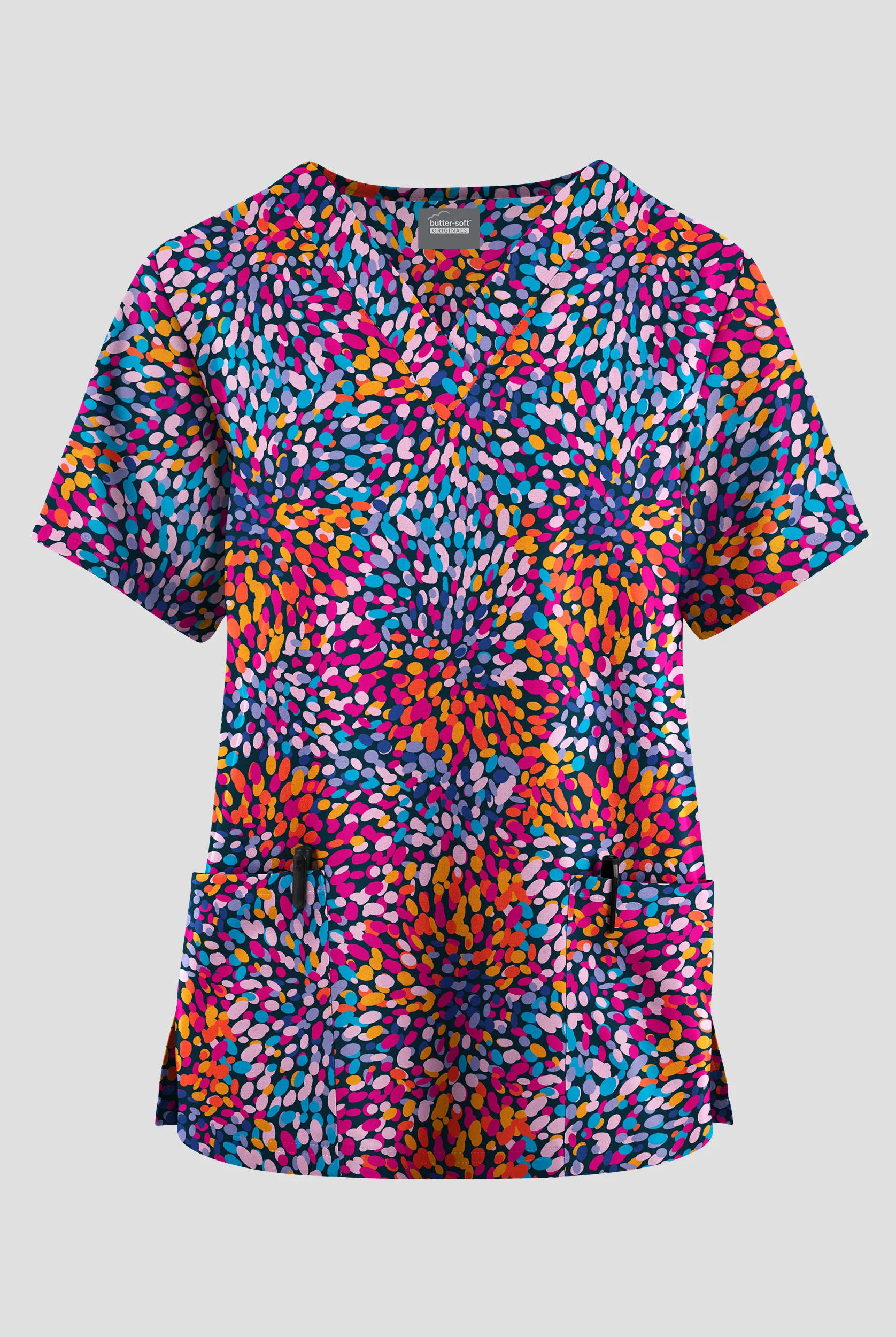 Blusa médica estampada Butter-soft Originals Rainbow Petals Navy con cuello en V y 2 bolsillos para mujer