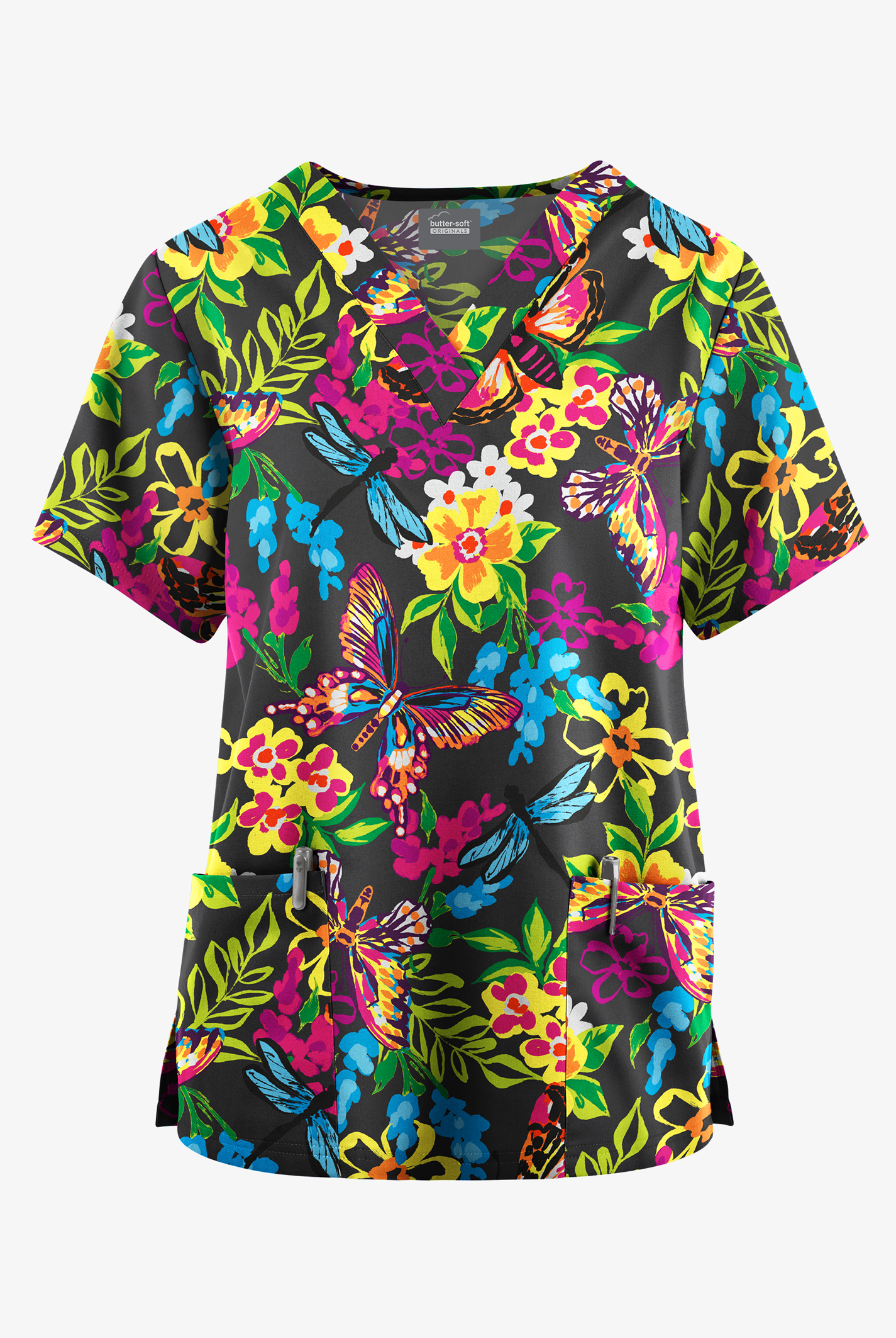 Butter-Soft Originals Summer Garden Pewter Women's 2-Pocket V-Neck Print Scrub Top