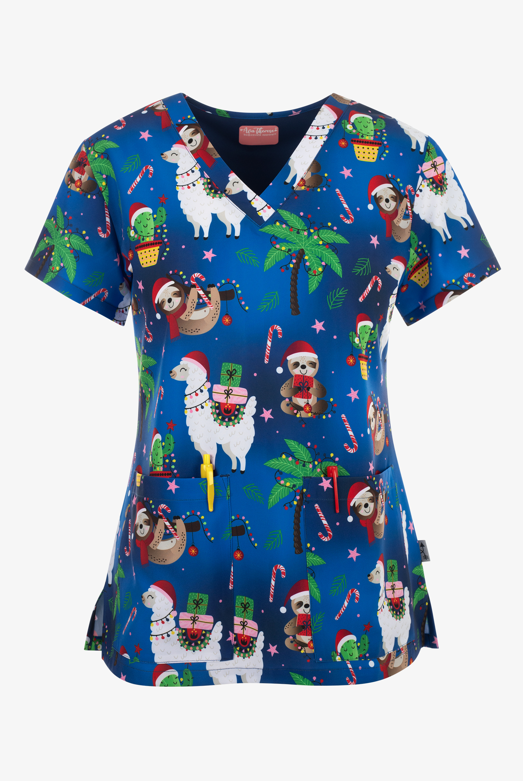 Zavate Ava Therese Deck The Palms Women's 2-Pocket STRETCH V-Neck Print Scrub Top