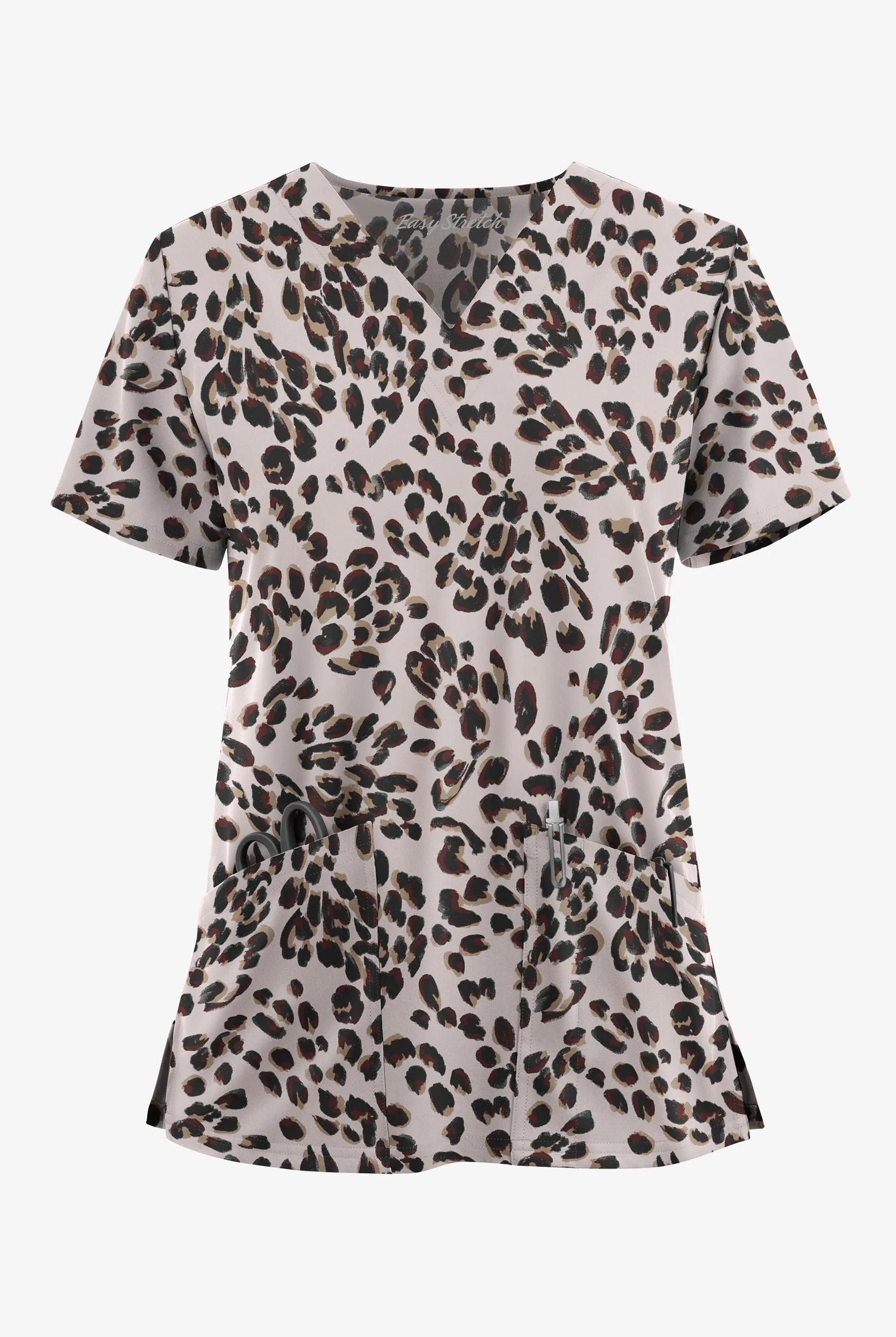 Easy STRETCH Modern Cheetah Mocha Meringue Women's 2-Pocket V-Neck Print Scrub Top