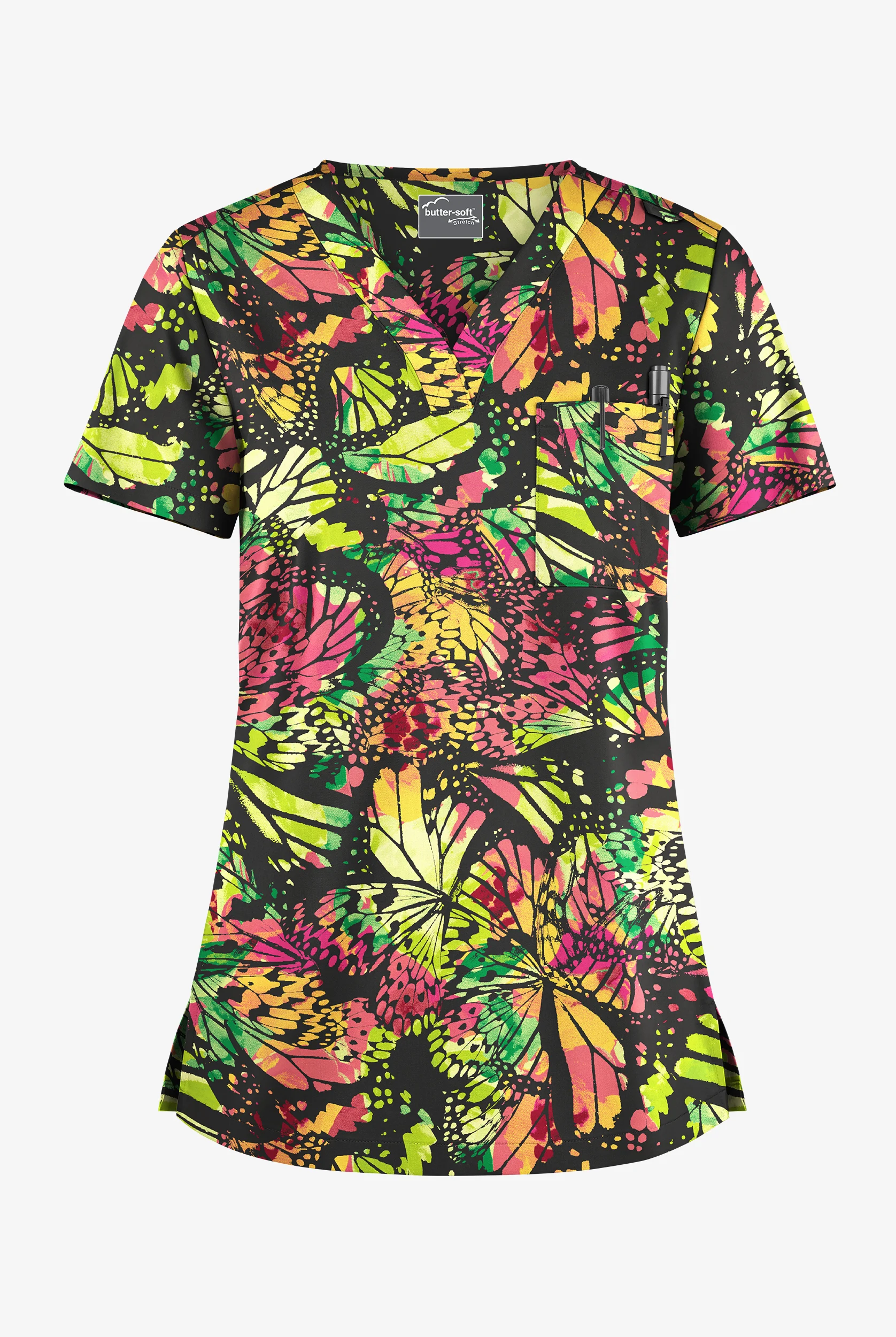 Butter-Soft STRETCH Black Abstract Butterflies Women's 1-Pocket V-Neck Print Scrub Top