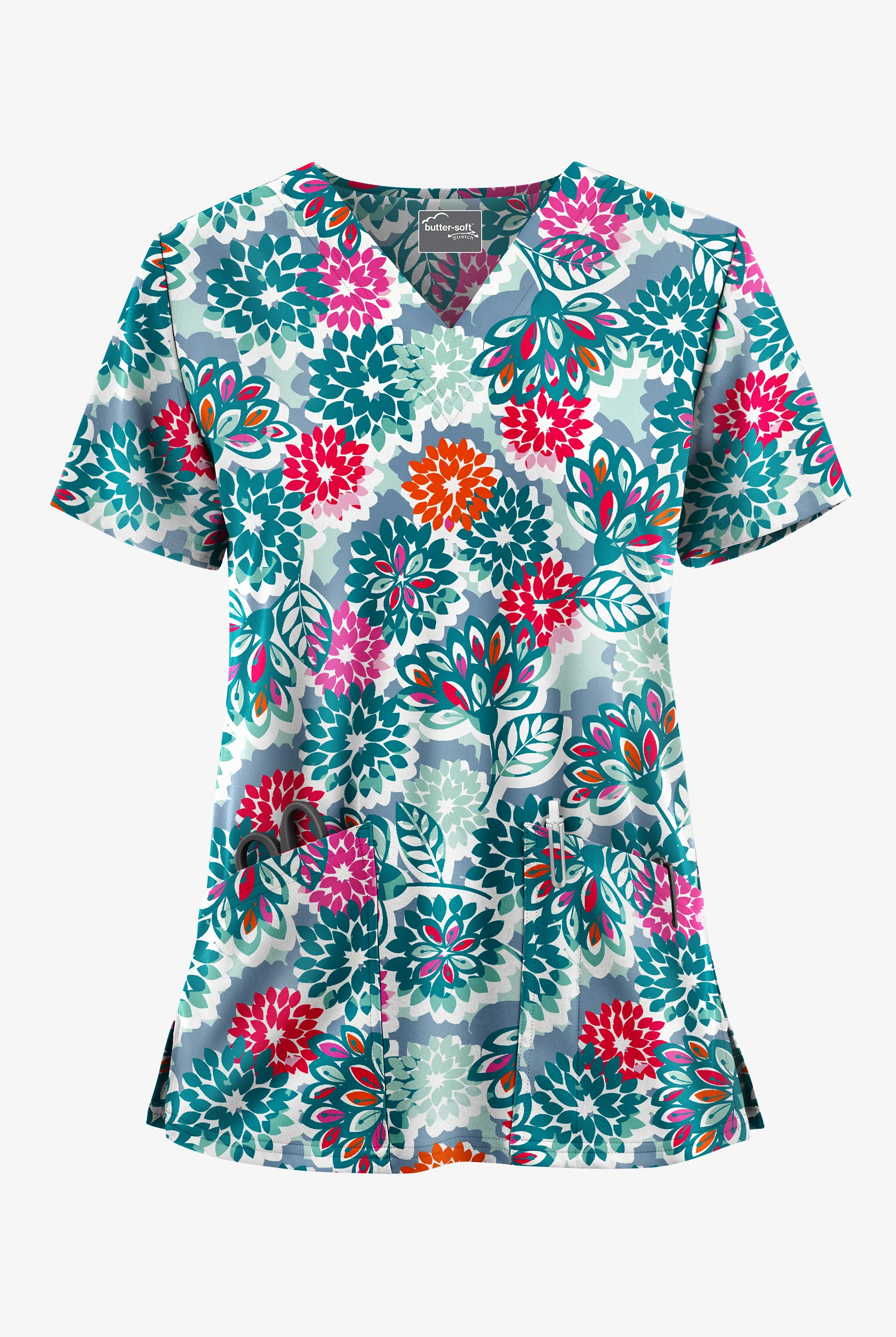 Butter-Soft STRETCH Geobloom Indigo Batik Women's 2-Pocket V-Neck Print Scrub Top