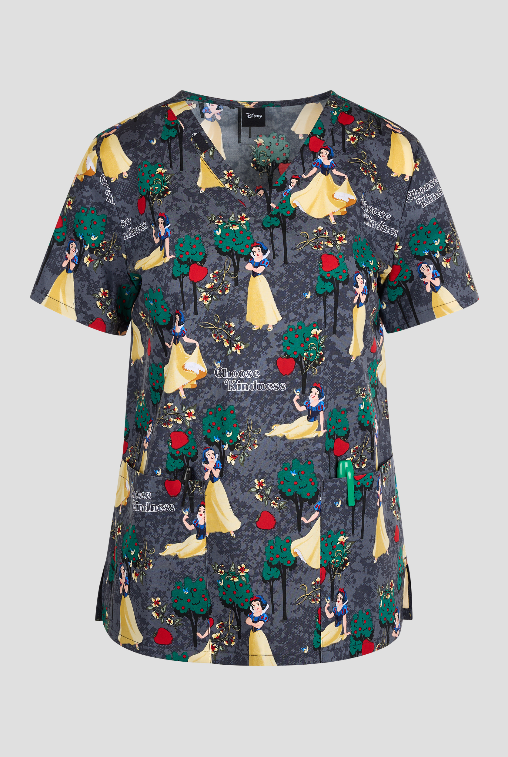 Tooniforms Disney's Sending Kindness Snow White Women's 2-Pocket STRETCH V-Neck Print Scrub Top