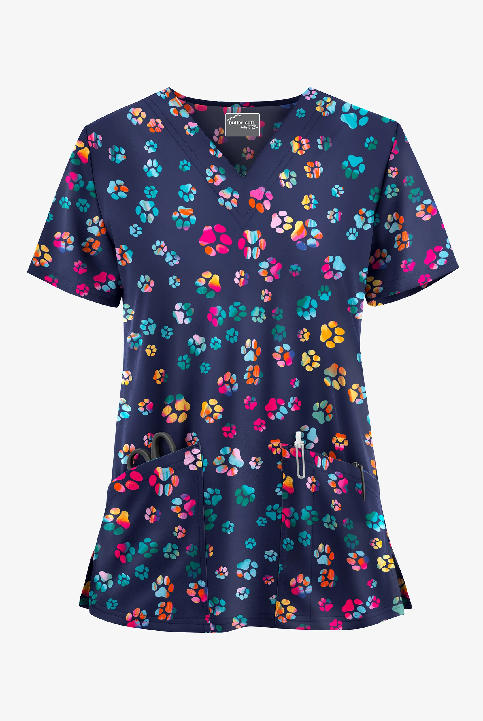 Butter-Soft STRETCH Happy Paws Navy Women's 2-Pocket V-Neck Print Scrub Top