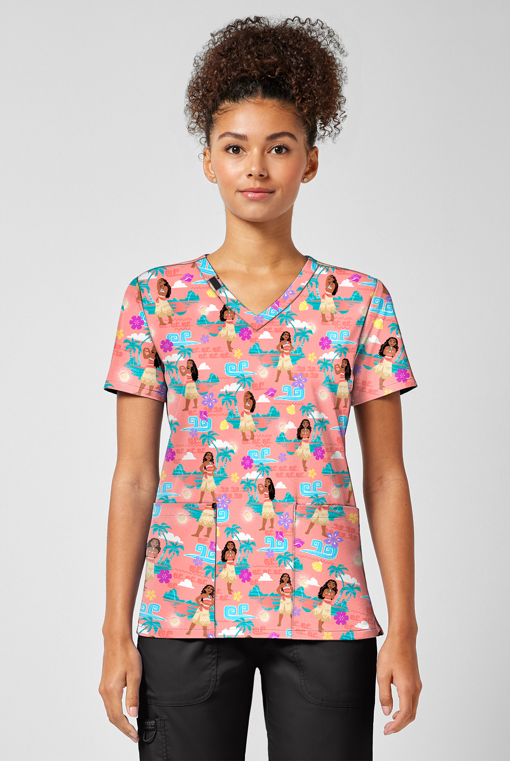 Tooniforms Disney's Moana The Sea Is Calling Women's 2-Pocket STRETCH V-Neck Print Scrub Top