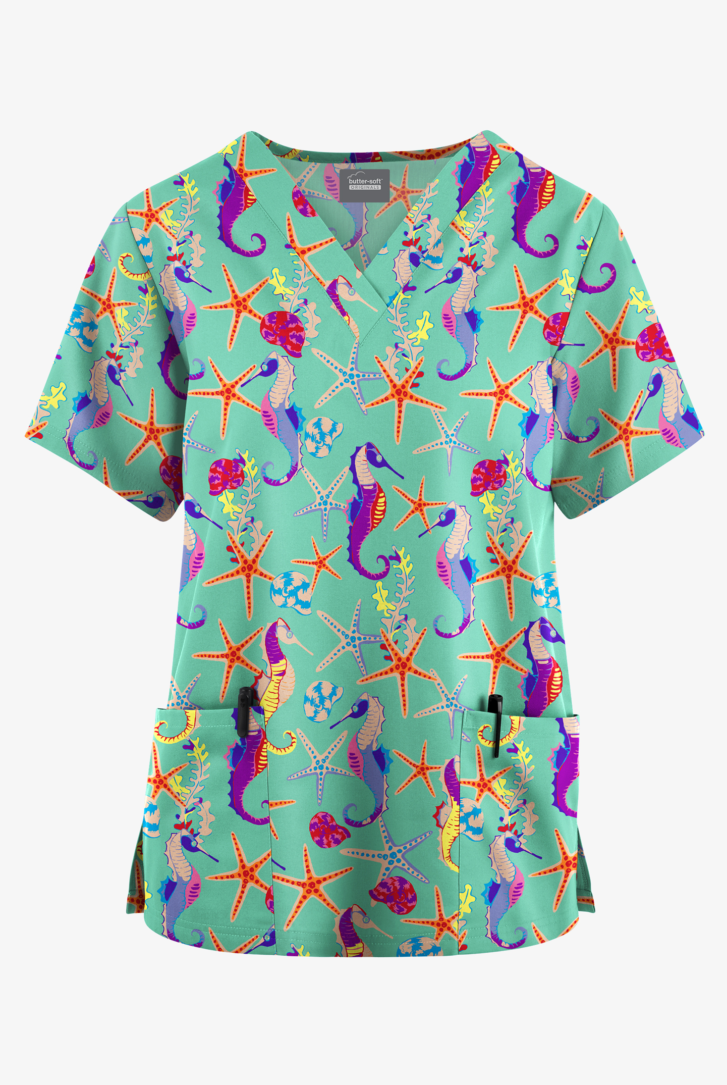 Butter-Soft Originals Seahorse Fantasy Aqua Dust Women's 2-Pocket V-Neck Print Scrub Top