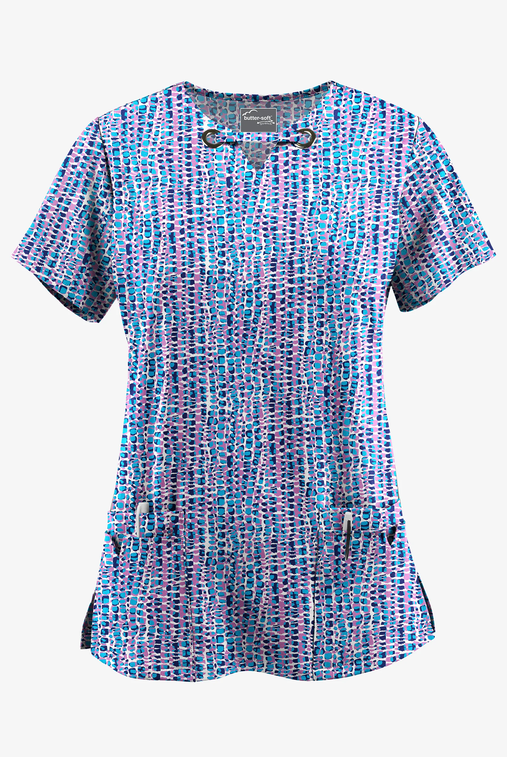 Butter-Soft STRETCH Urban Animal Orchid Women's 4-Pocket Grommet Print Scrub Top