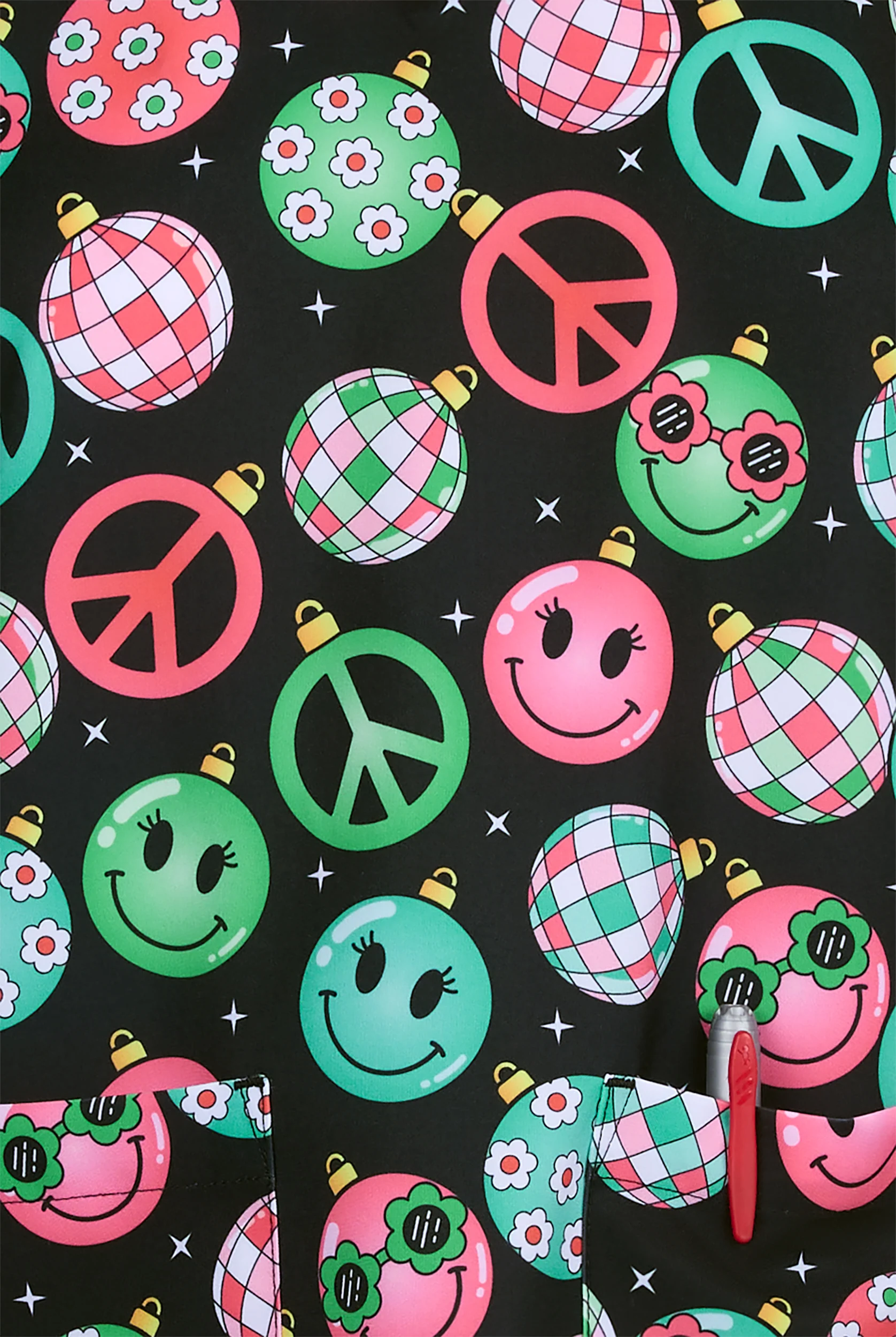 Zavate Ava Therese Peace Love & Disco Women's 2-Pocket STRETCH V-Neck Print Scrub Top