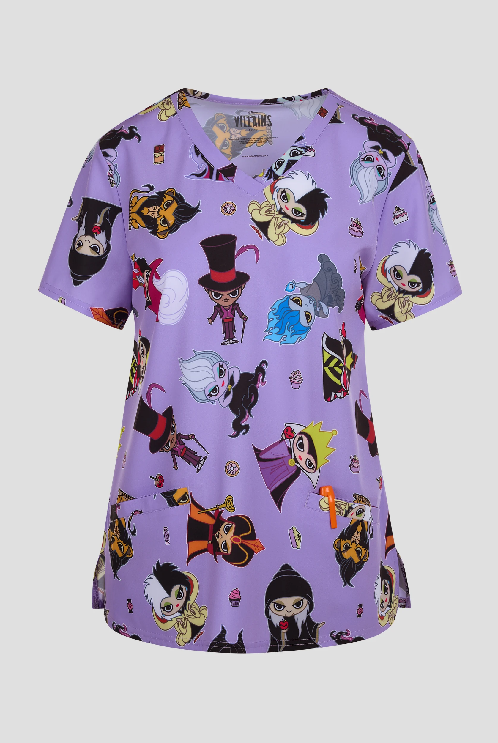 Blusa médica estampada Disney Villains Halloween by Funscrubs STRETCH con cuello en V y 2 bolsillos para mujer