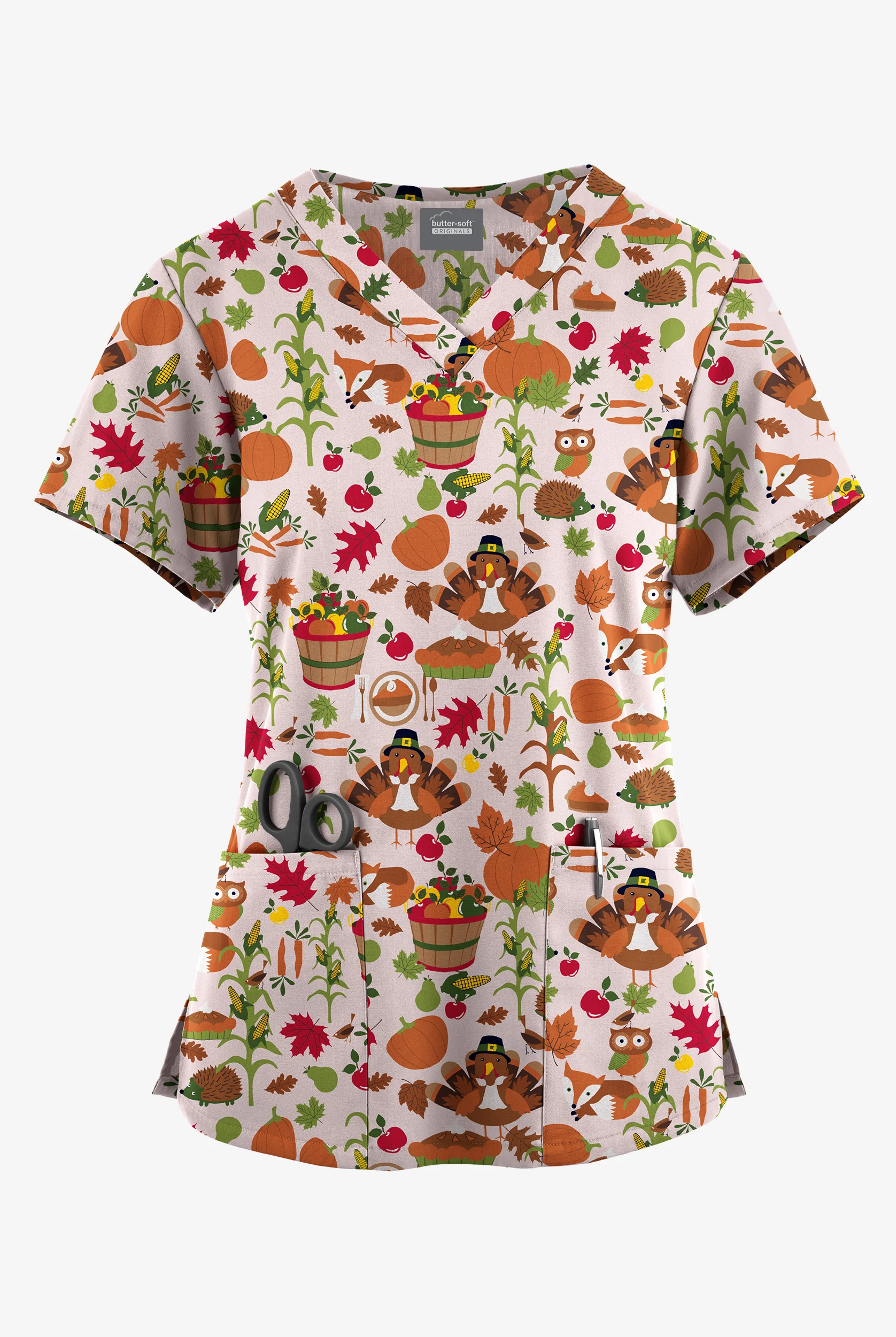 Butter-Soft Originals Farmhouse Thanksgiving Cream Women's 4-Pocket Rounded V-Neck Print Scrub Top