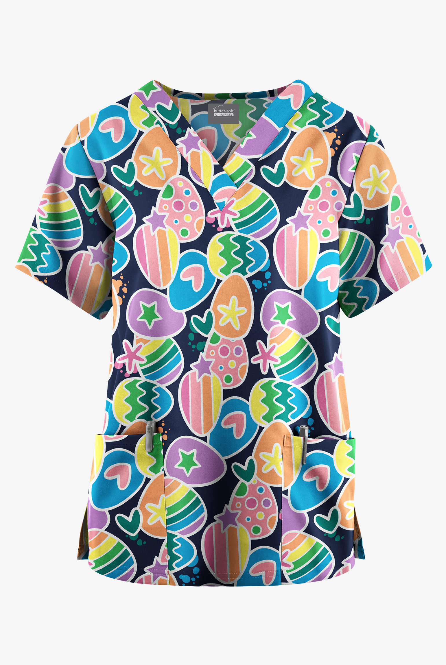 Butter-Soft Originals Egg-Cetera Navy Women's 2-Pocket V-Neck Print Scrub Top