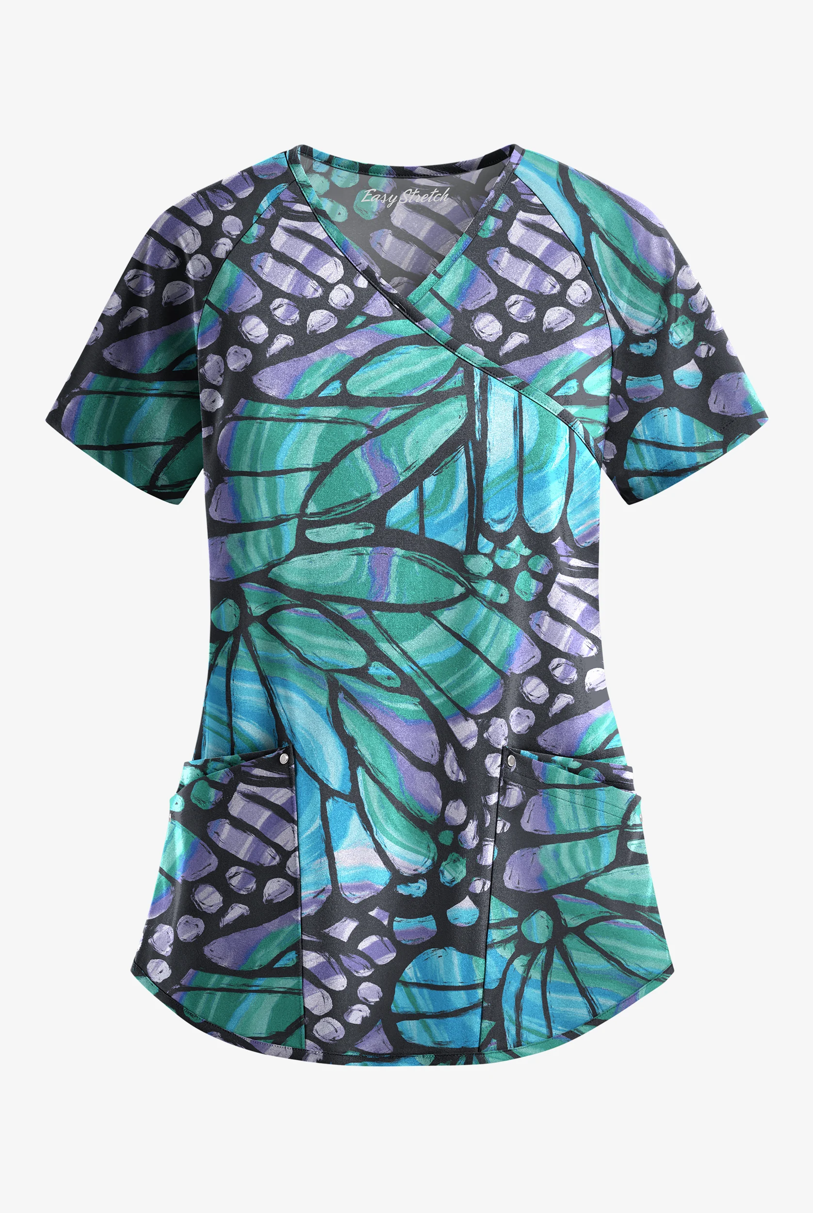 Easy STRETCH Kaleidoscope Butterflies Women's 4-Pocket Raglan V-Neck Mock Wrap Print Scrub Top
