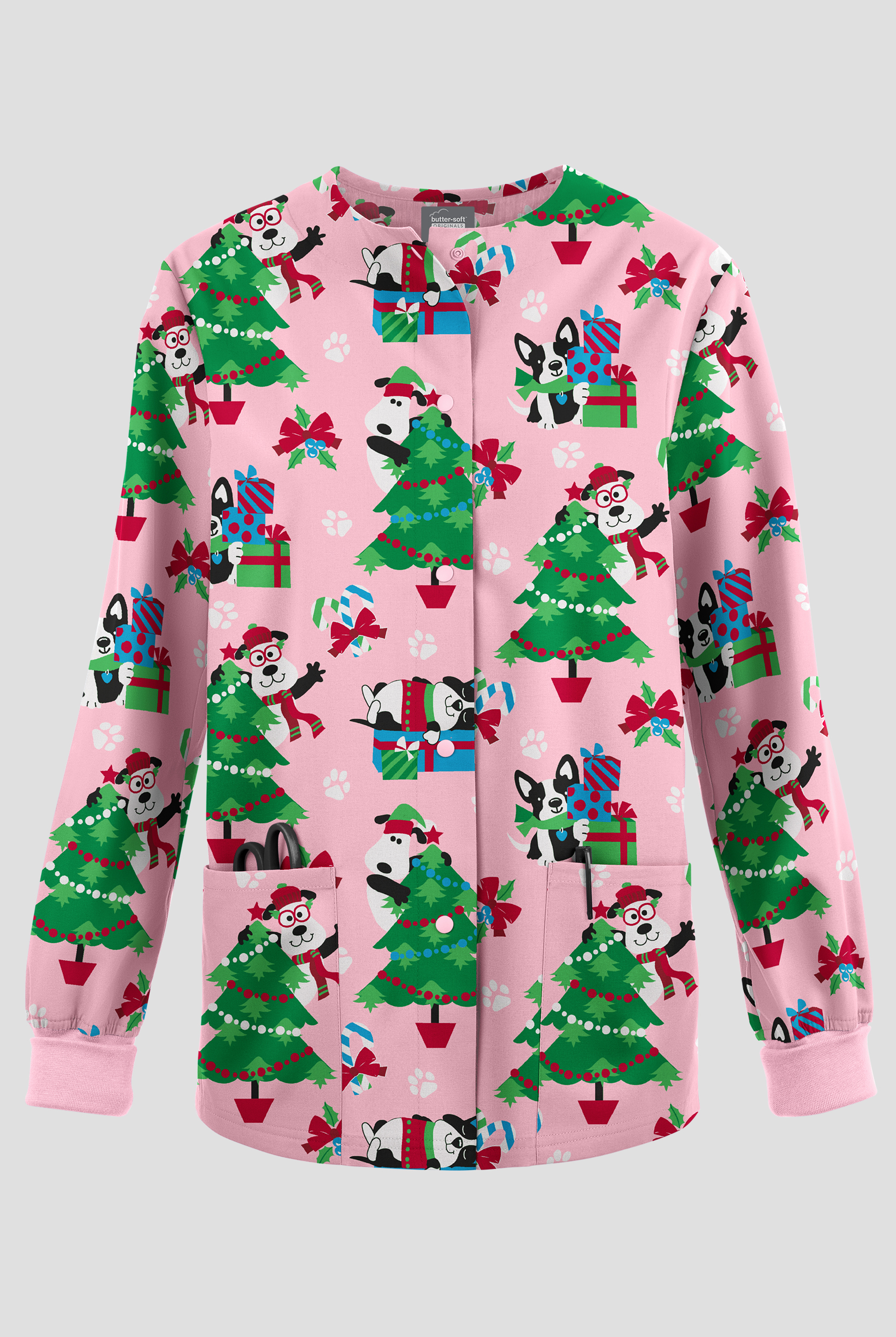 Butter-Soft Originals Wrapped In Joy Blush Women's 3-Pocket Warm-Up Print Scrub Jacket