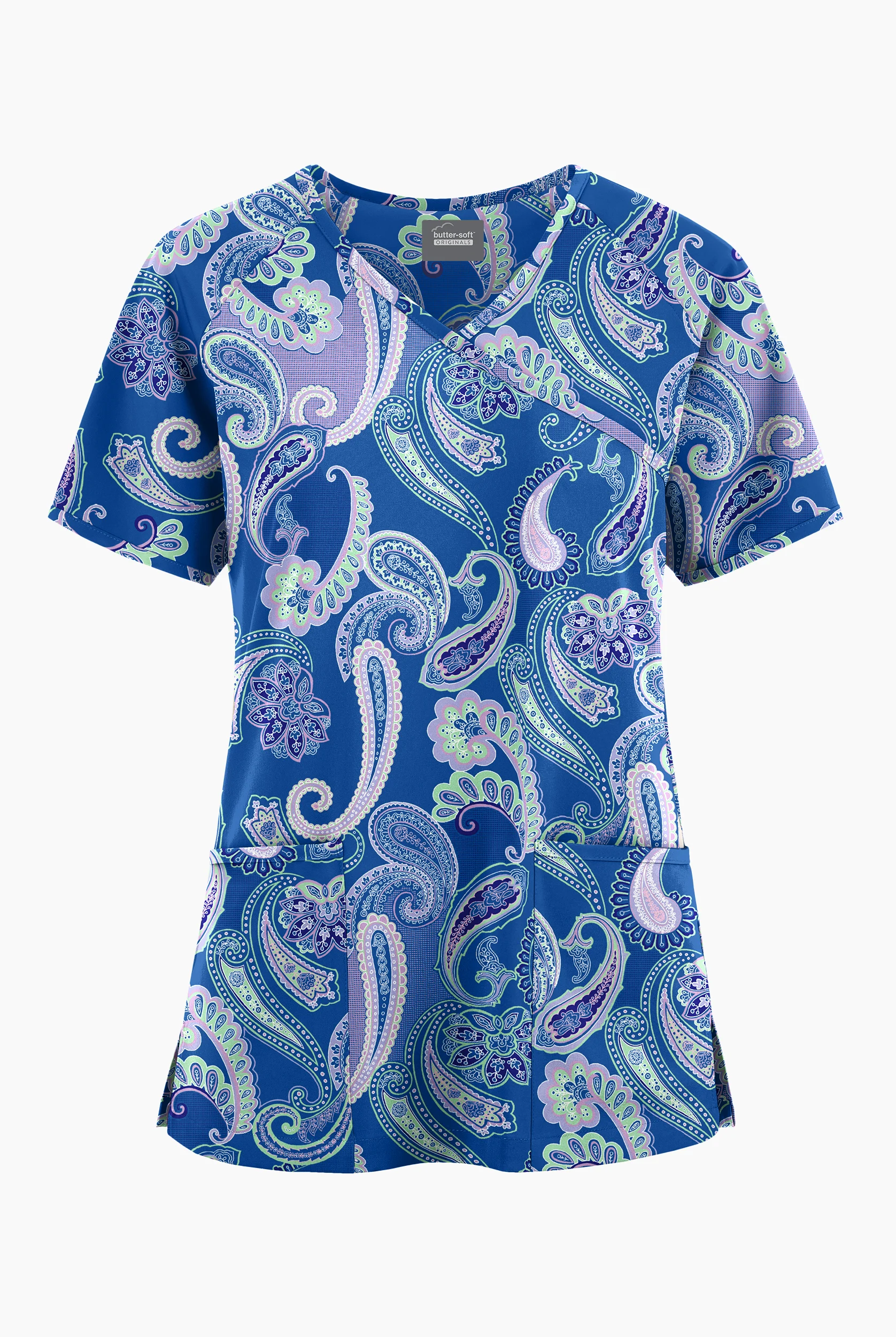 Butter-Soft Originals Kashmir Paisley Women's 3-Pocket Raglan Sleeve Mock Wrap Print Scrub Top