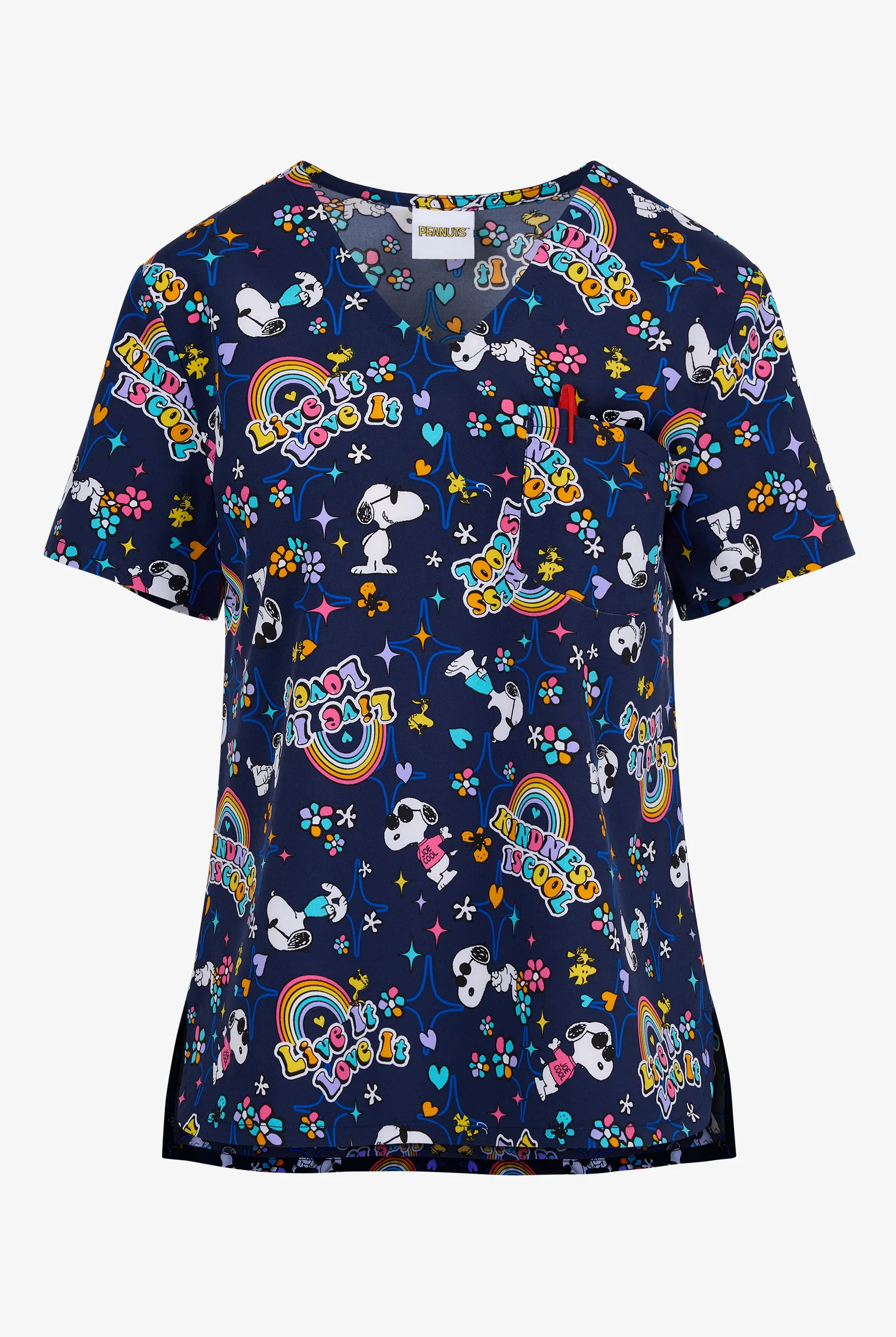 Tooniforms Peanuts Cool Kindness Women's 1-Pocket STRETCH V-Neck Print Scrub Top