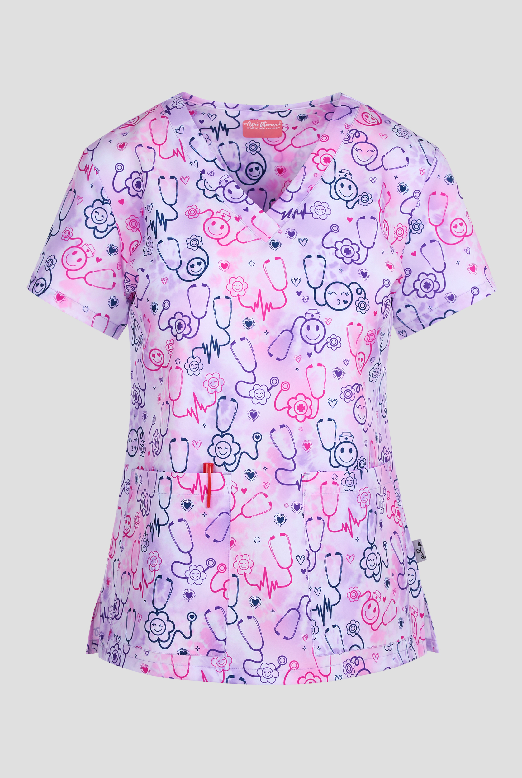 Blusa médica estampada Zavate Ava Therese Happy Stethoscopes STRETCH con cuello en V y 2 bolsillos para mujer