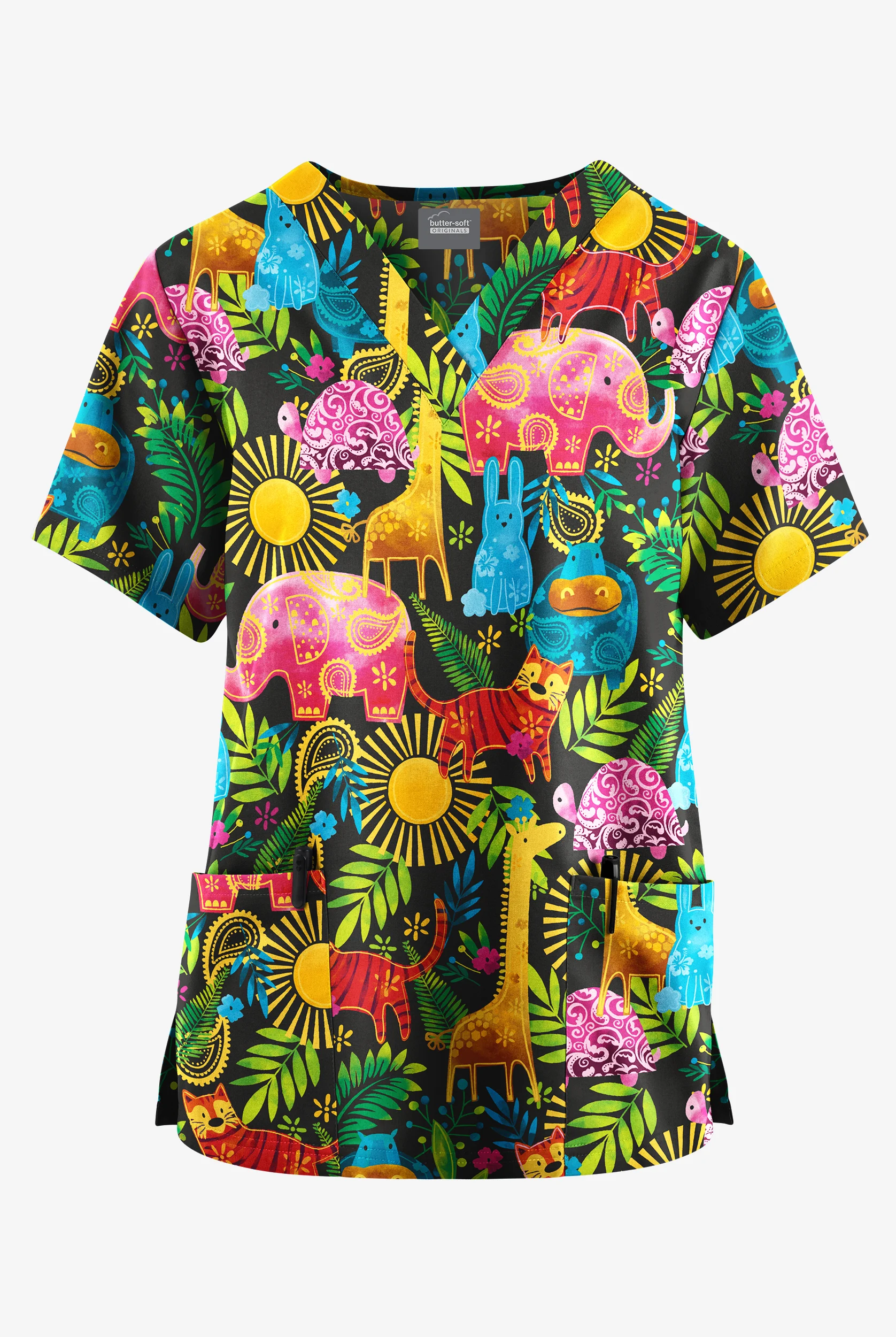 Butter-Soft Originals Safari Friends Black Women's 2- Pocket V-Neck Print Scrub Top