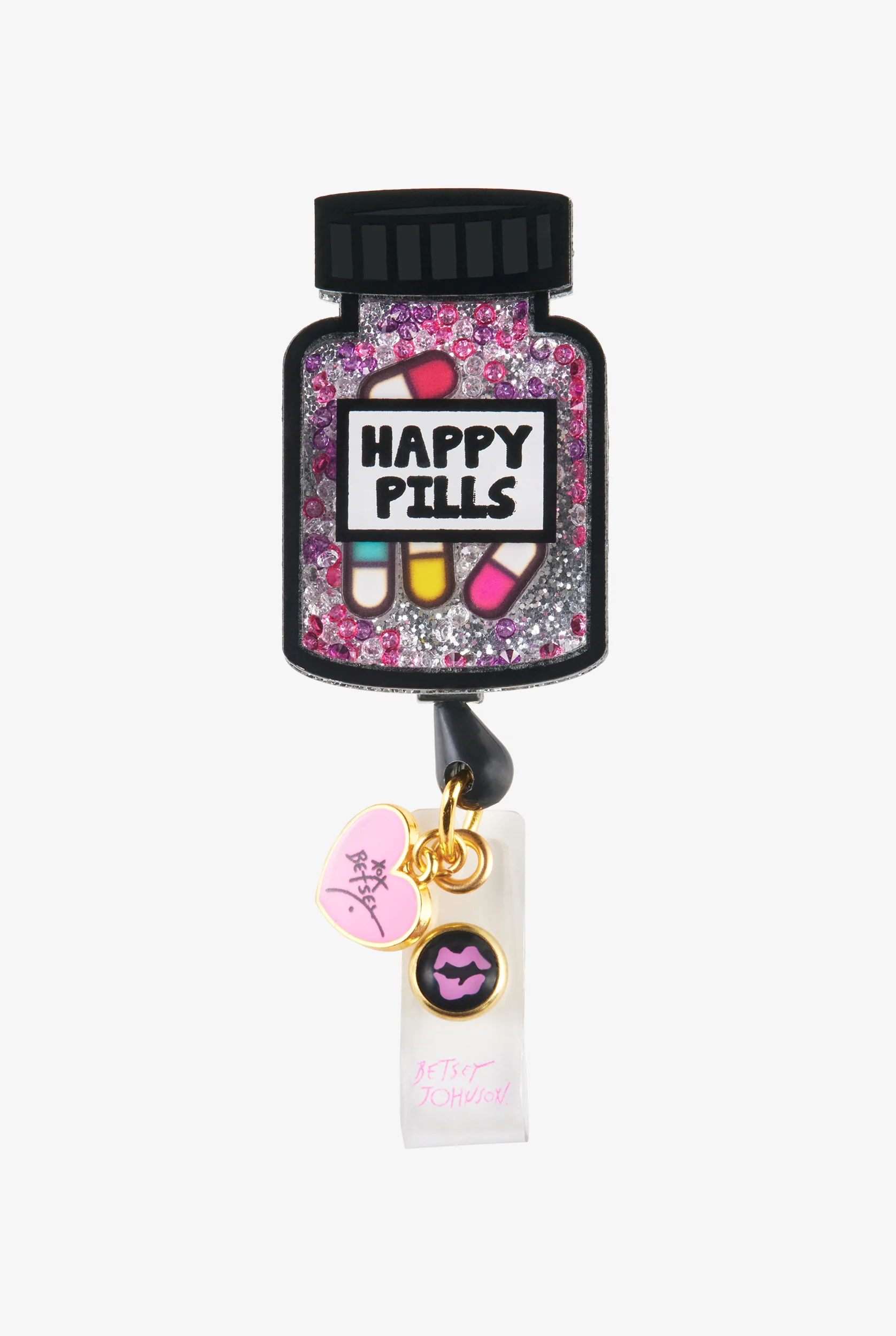 Betsey Johnson Happy Pill Bottle Shaker ID Badge Holder