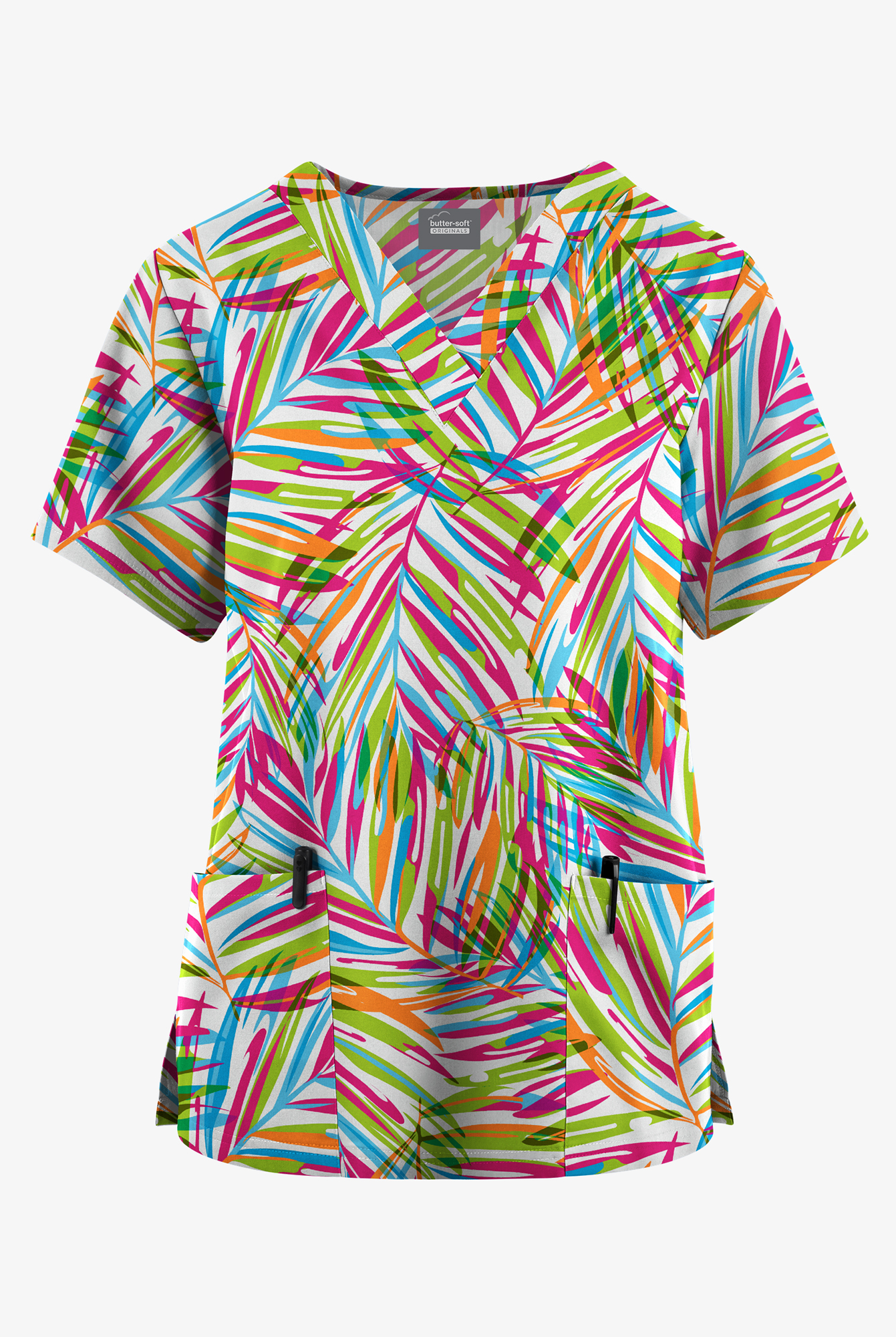 Butter-Soft Originals Palm Paradise White Women's 2-Pocket V-Neck Print Scrub Top