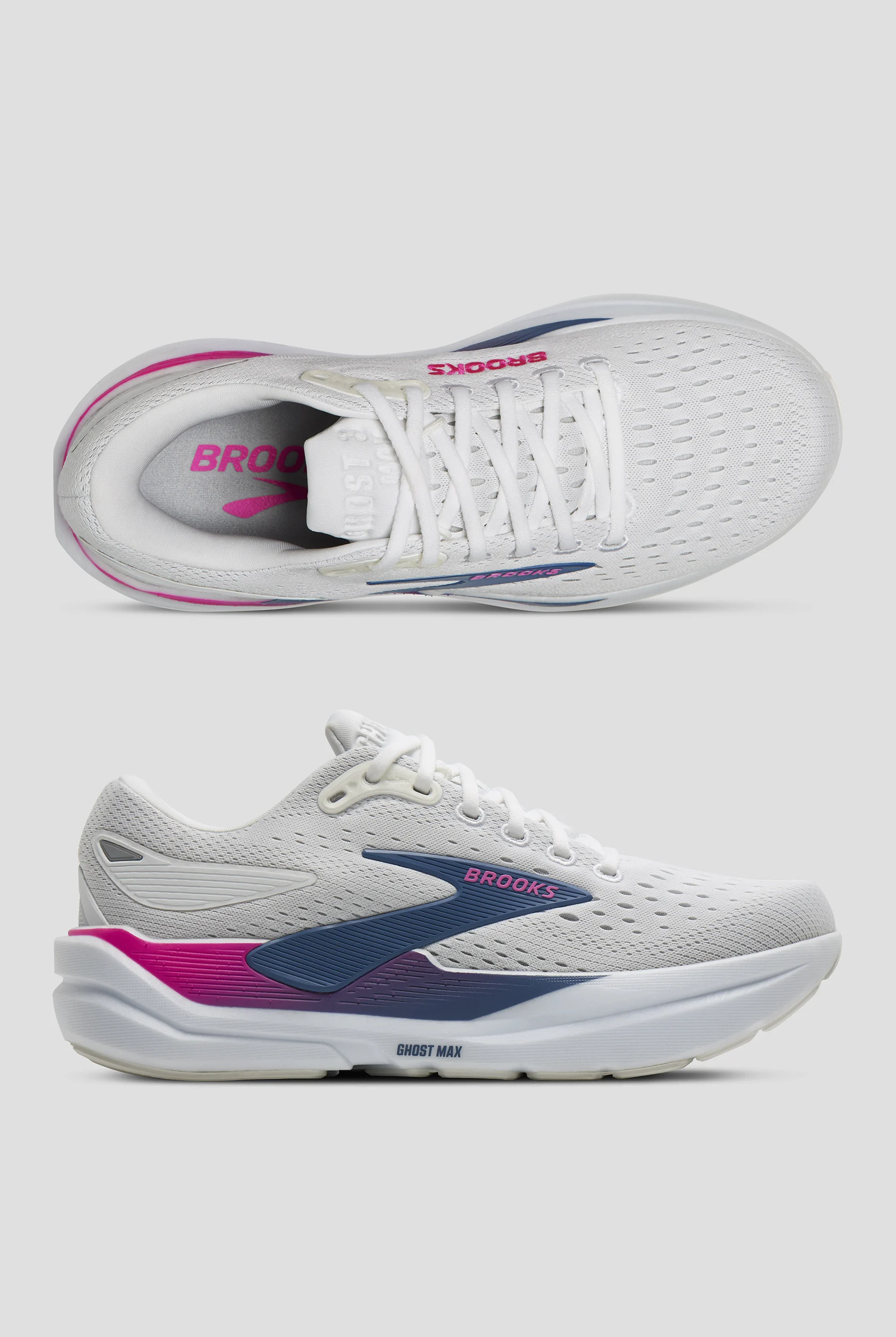 Zapatillas deportivas de enfermer&iacute;a Brooks Ghost Max 3 White/Moonlight/Pink con cordones para mujer