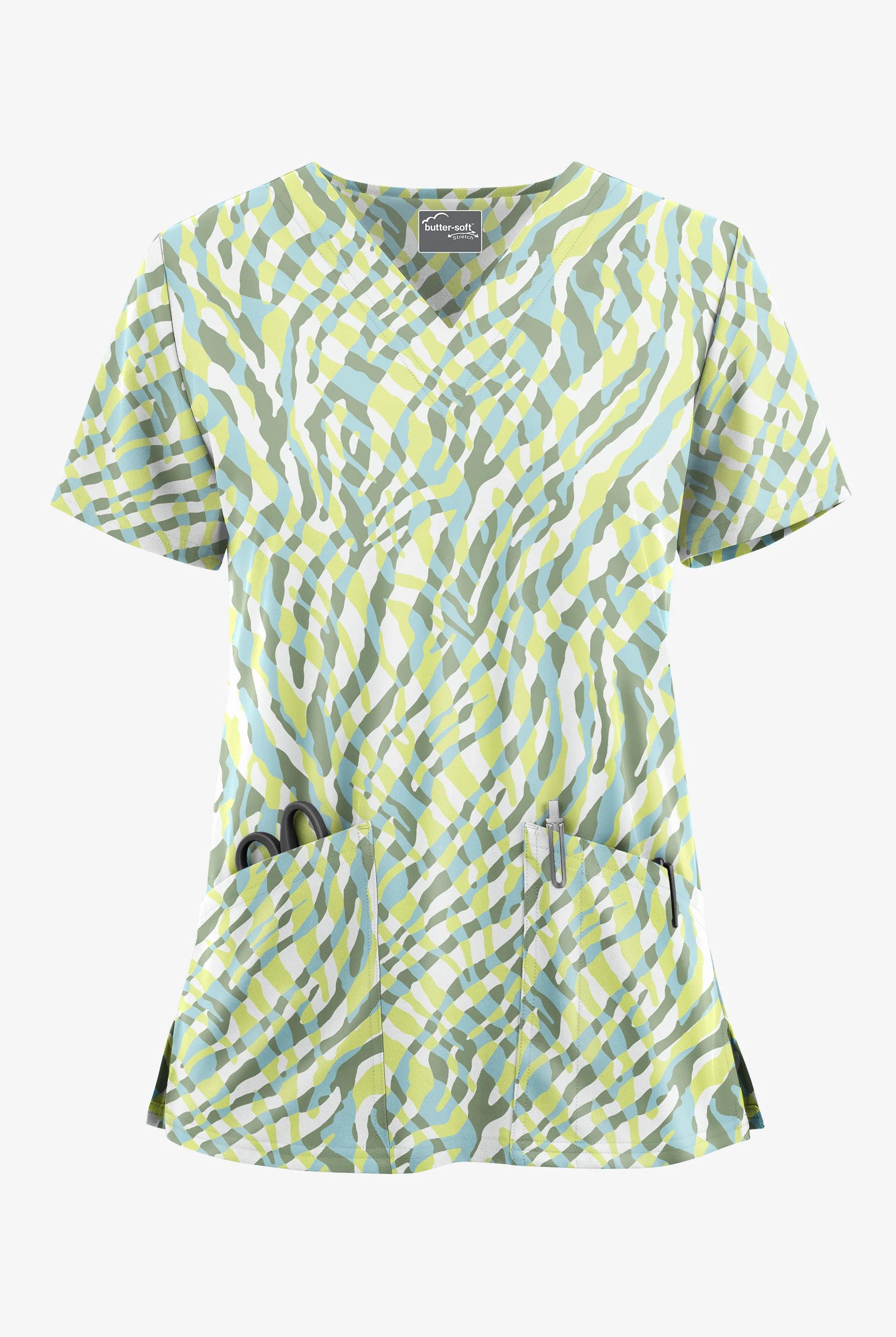 Butter-Soft STRETCH White Tropical Zebra Women's 2-Pocket V-Neck Print Scrub Top