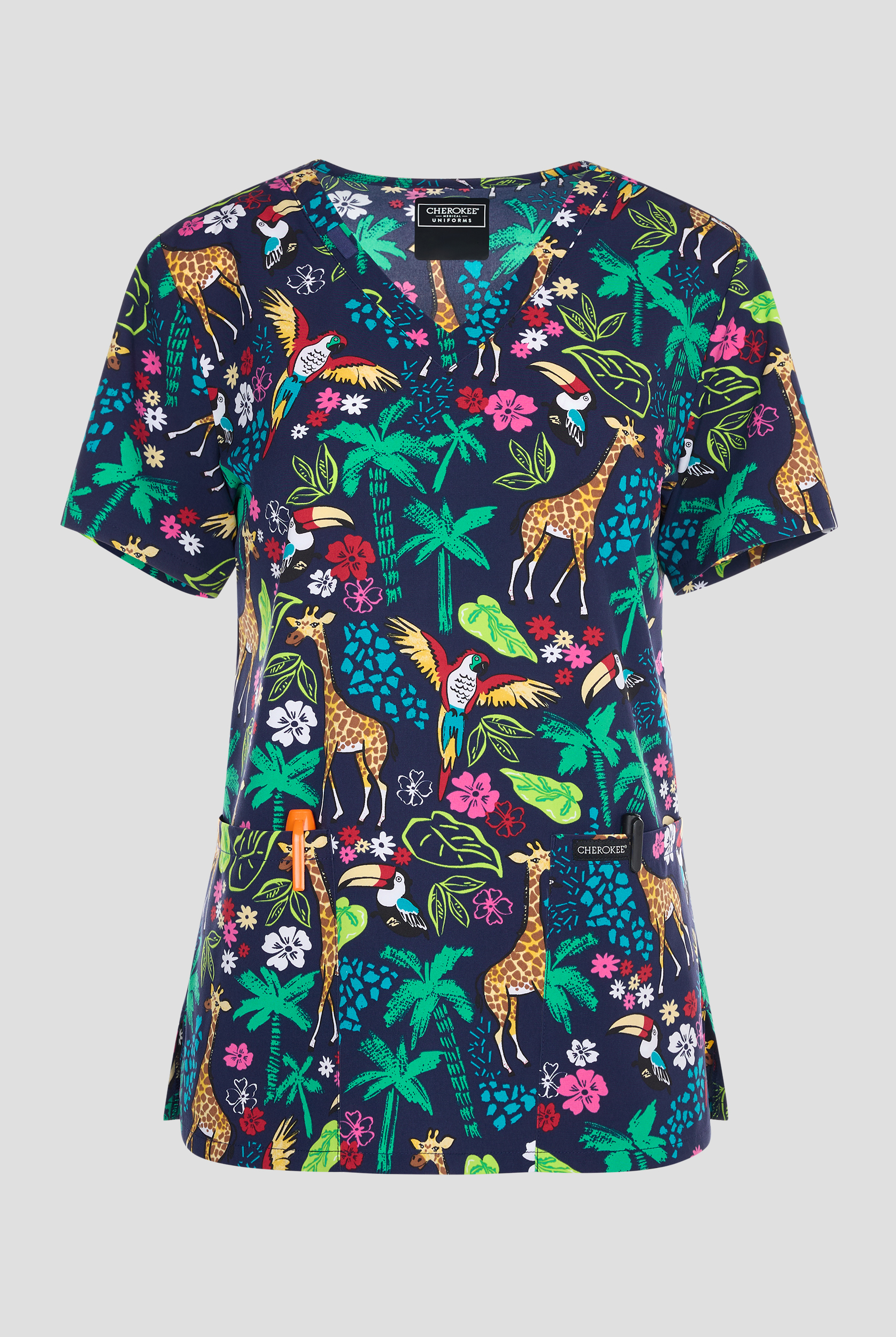 Cherokee Jungle Jive Women's 2-Pocket STRETCH V-Neck Print Scrub Top