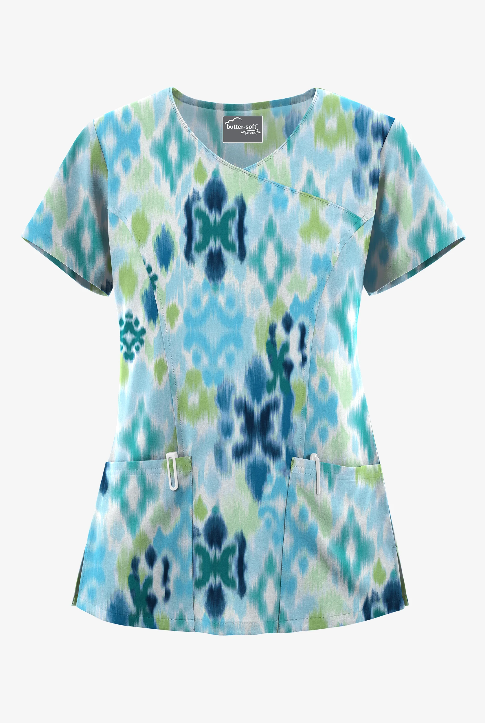 Butter-Soft STRETCH Varna Ikat Turquoise Women's 3-Pocket V-Neck Mock Wrap Print Scrub Top