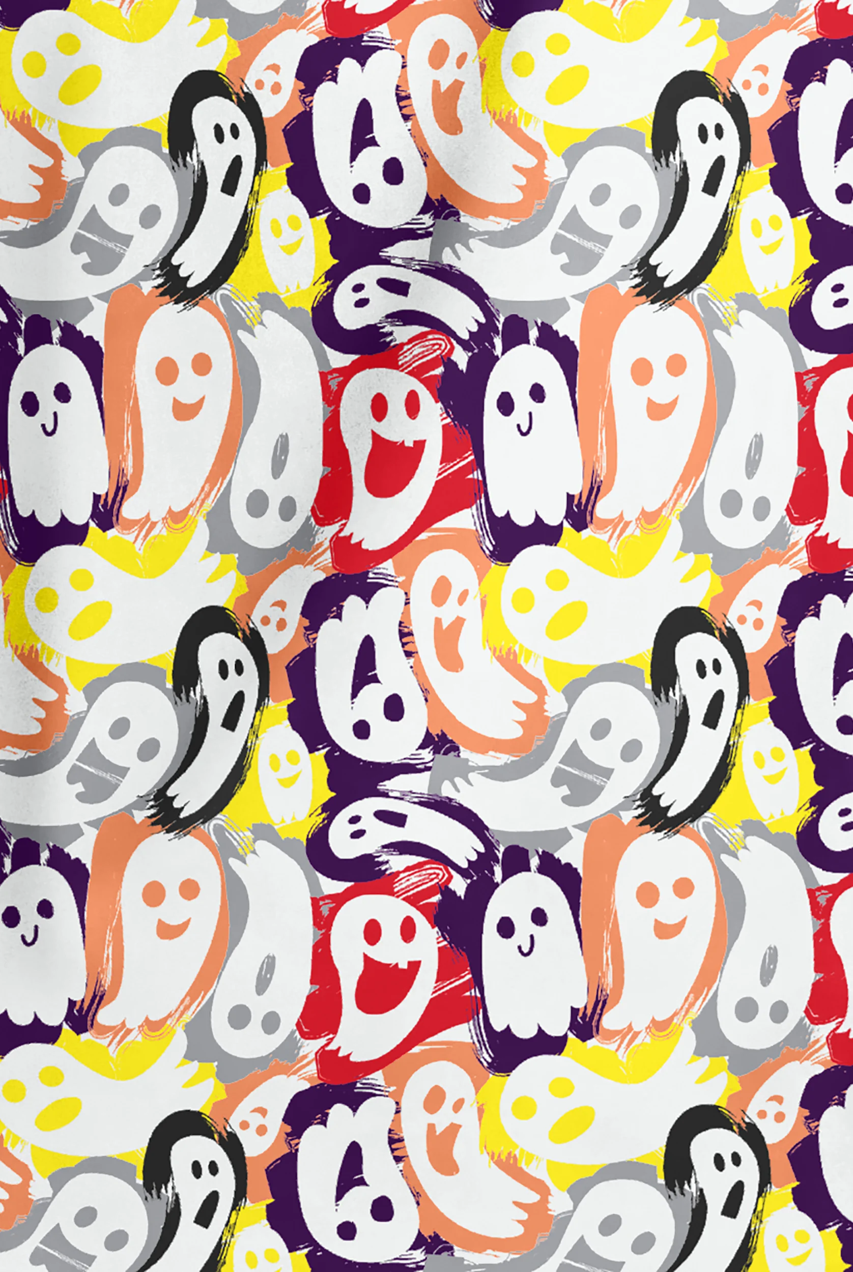 Butter-Soft Happy Halloween Ghosts Silver Women's 2-Pocket Relaxed Fit V-Neck Print Scrub Top