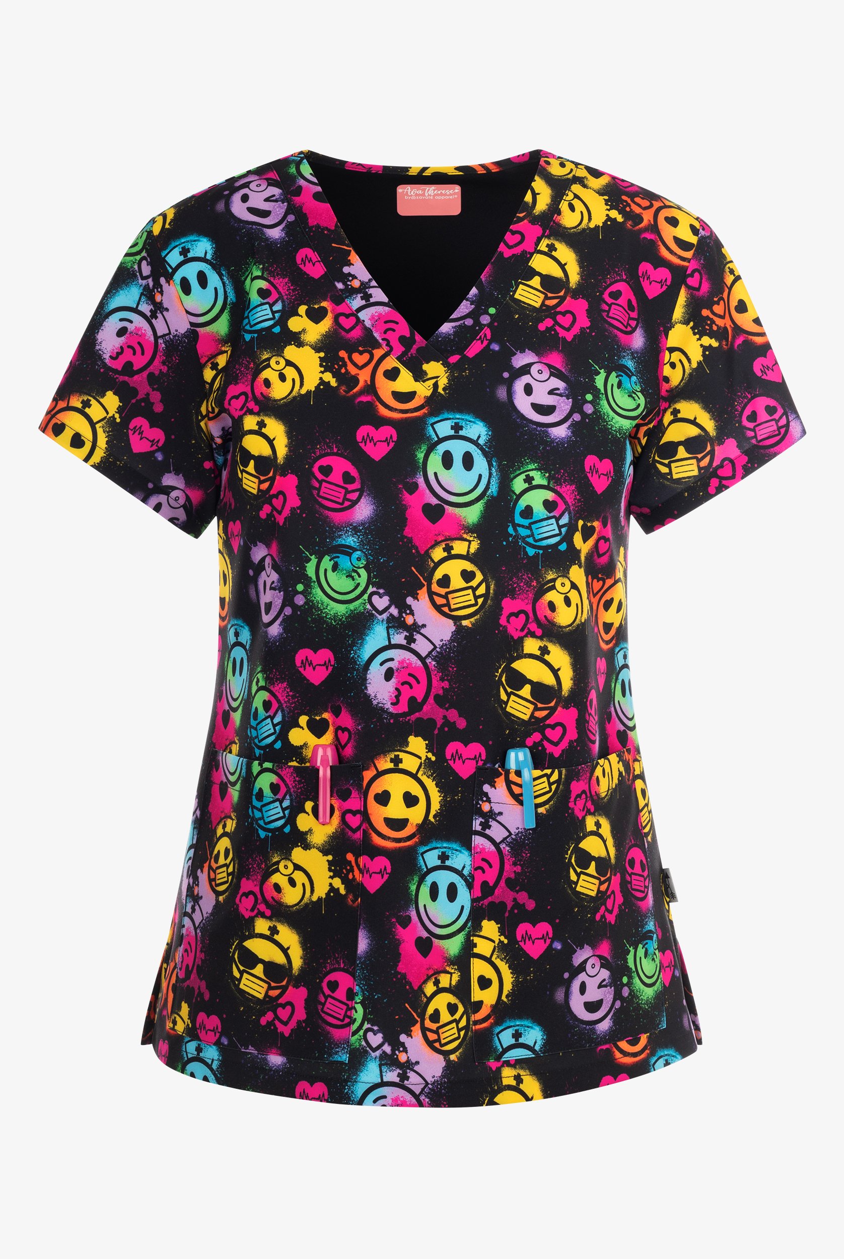 Zavate Ava Therese Happy Healing Women's 2-Pocket STRETCH V-Neck Print Scrub Top