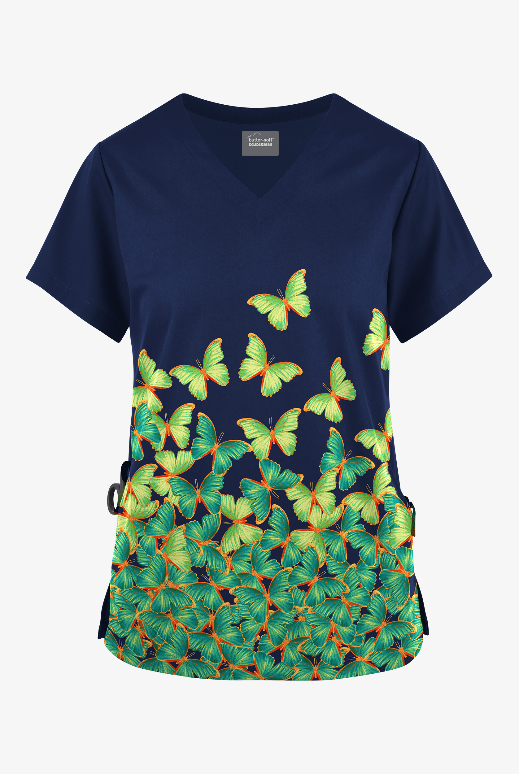 Butter-Soft Originals Spring Butterflies Navy Women's 2-Pocket V-Neck Print Scrub Top