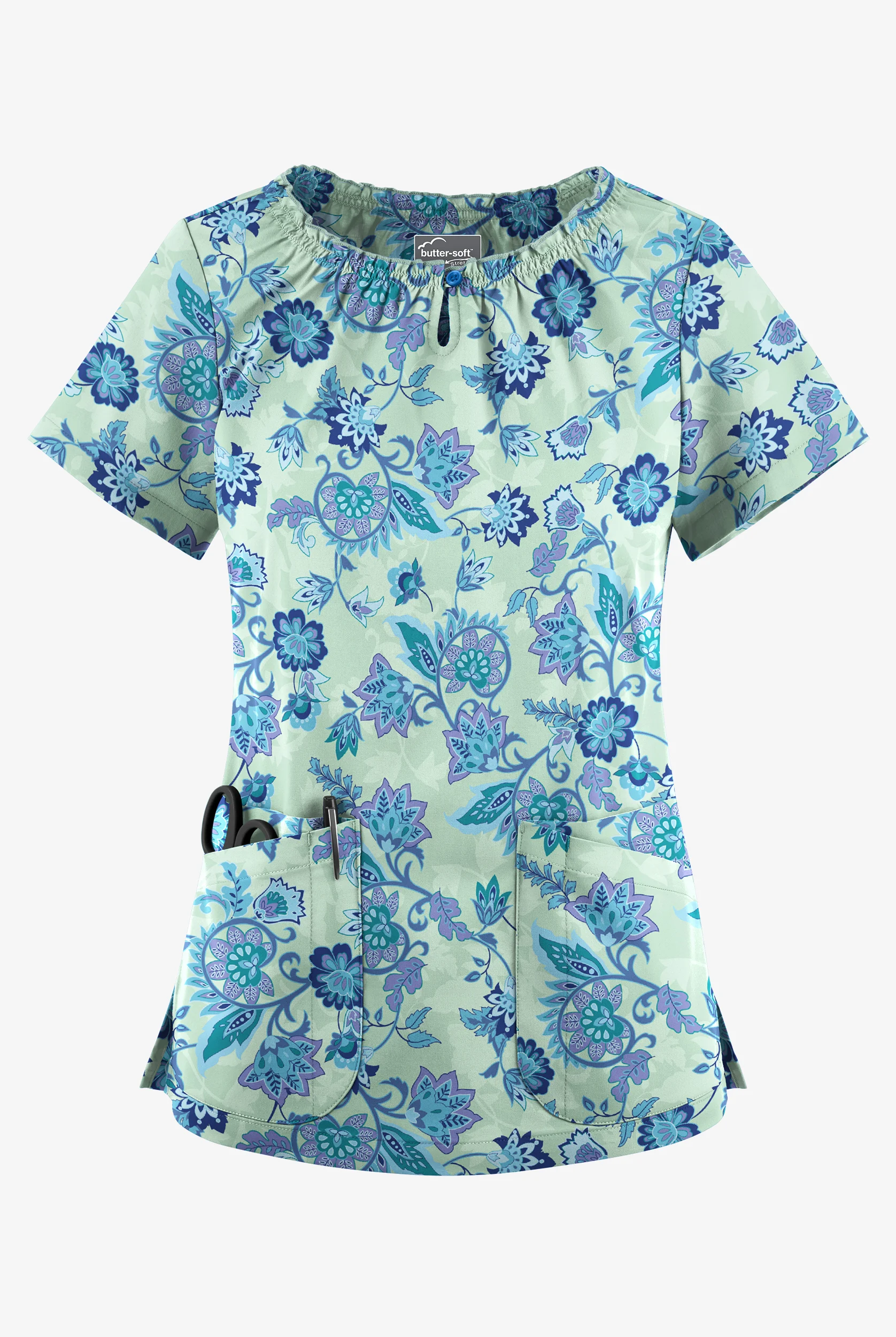 Butter-Soft STRETCH Jacobean Eucalyptus Leaf Women's 6-Pocket Peasant Style Print Scrub Top