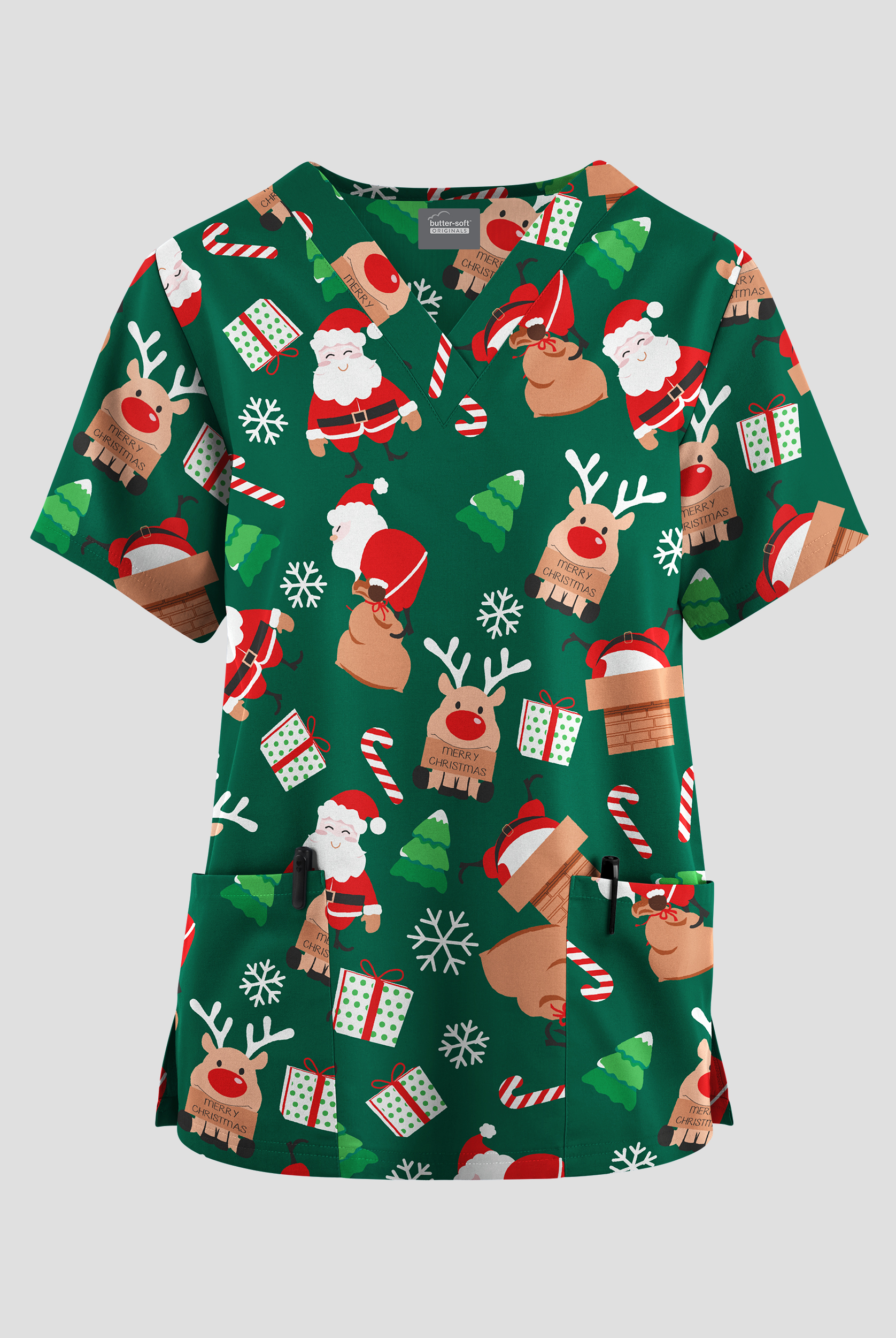 Butter-Soft Originals Christmas Magic Hunter Women's 2-Pocket V-Neck Print Scrub Top