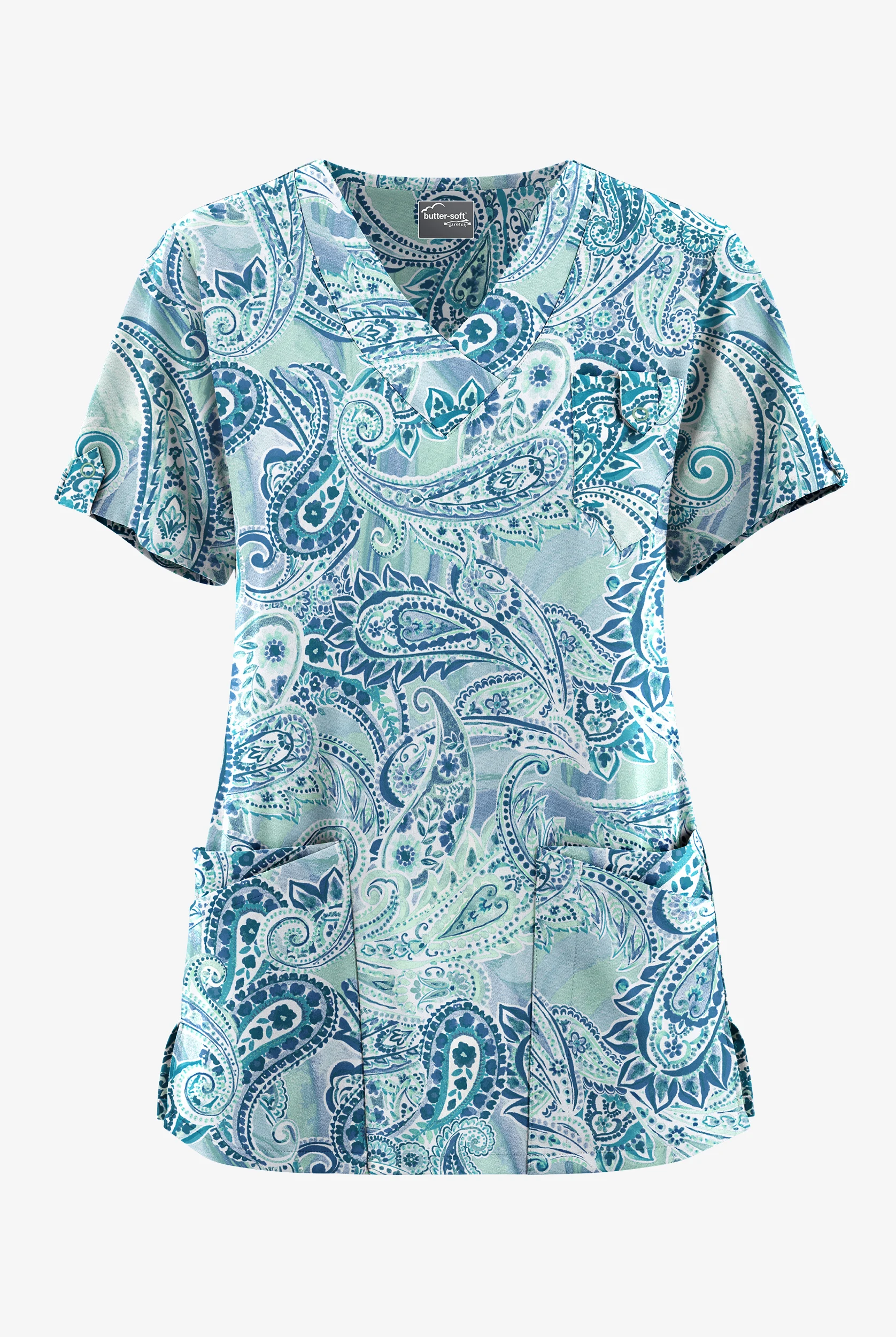 Butter-Soft STRETCH Paisley Romance Watermint Women's 5-Pocket V-Neck Print Scrub Top