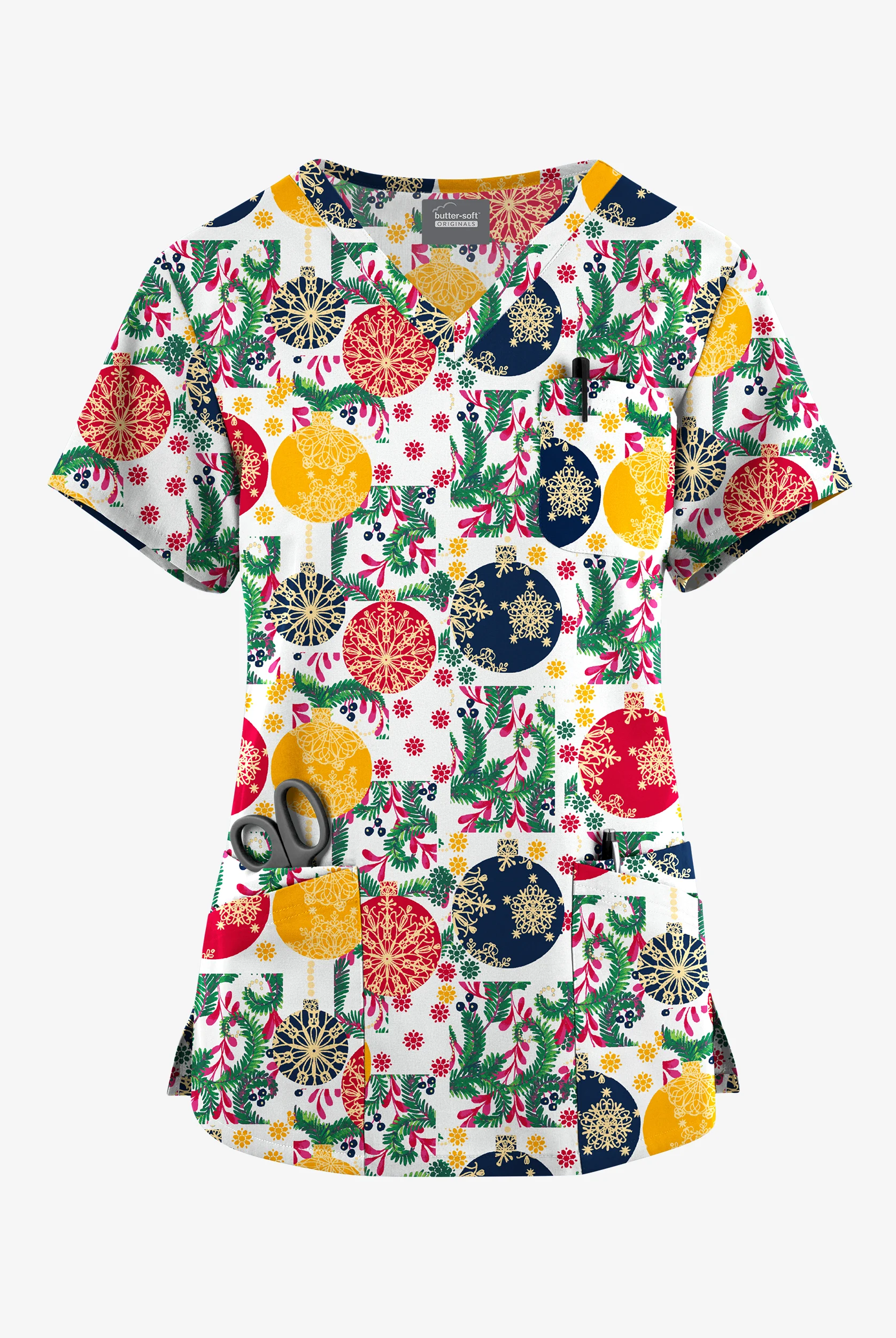 Butter-Soft Originals White Baubles And Berries Women's 7-Pocket Rounded V-Neck Print Scrub Top