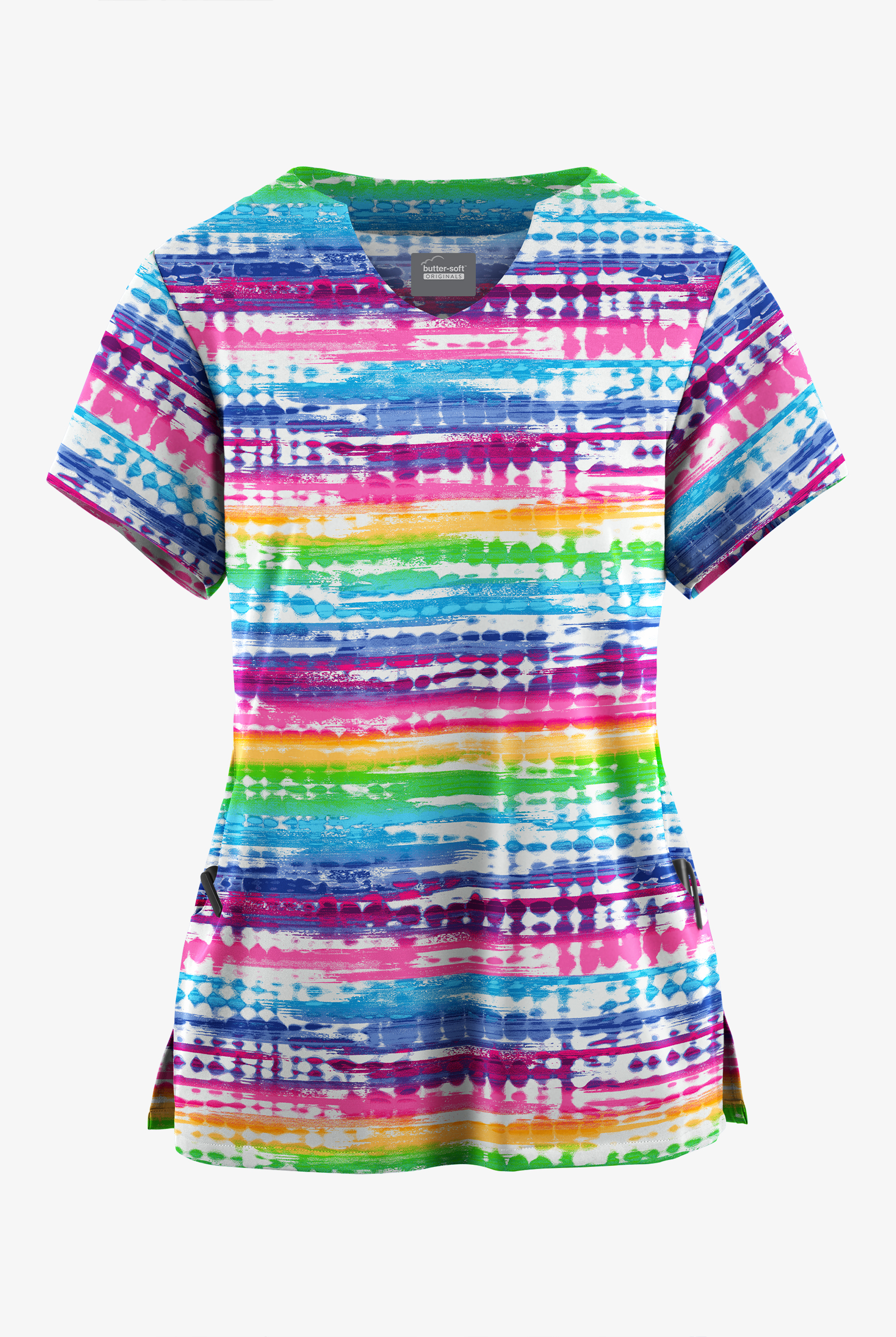 Butter-Soft Originals Rio Stripe Women's 2-Pocket Scallop Neck Print Scrub Top