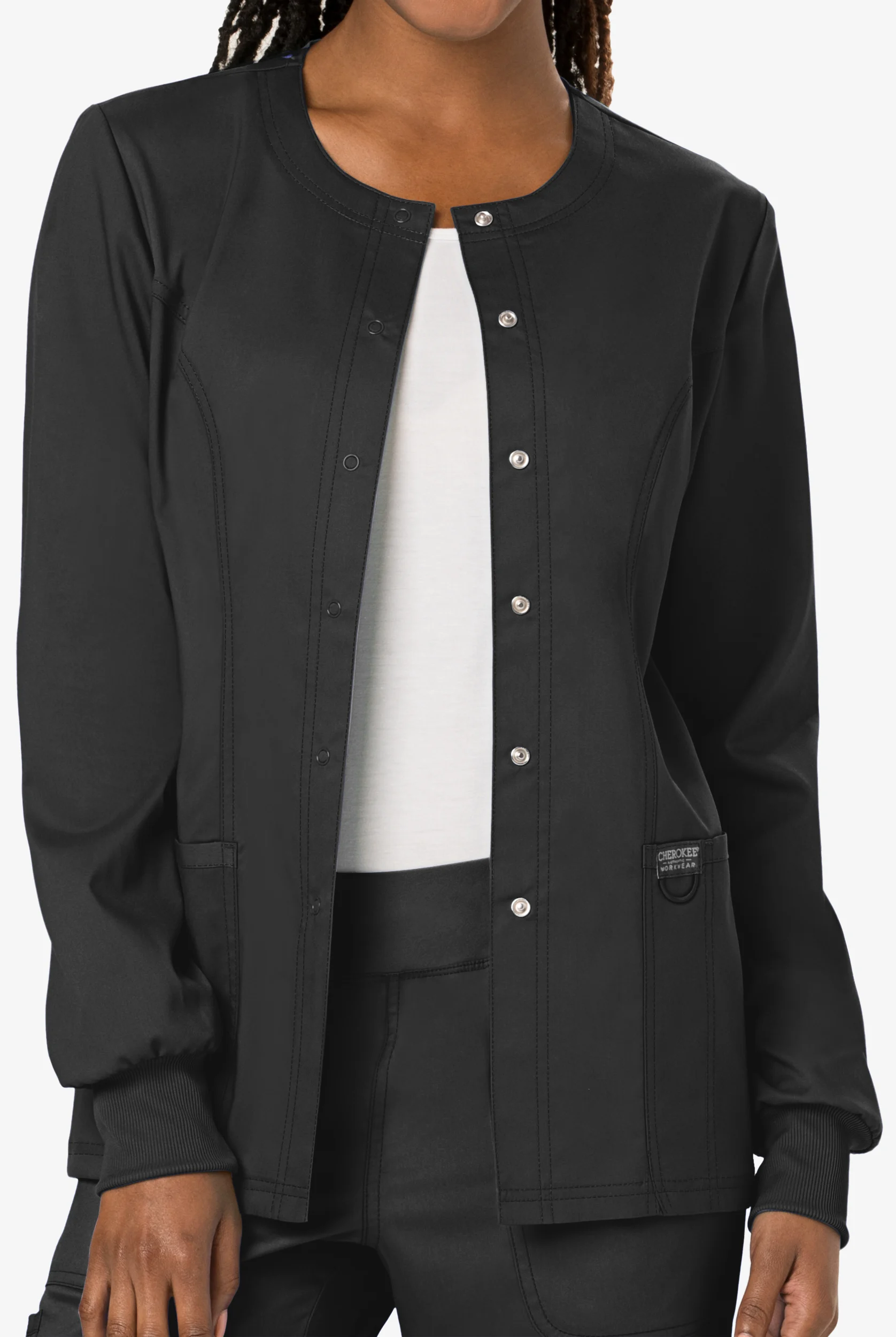 Cherokee Workwear Revolution Women's 3-Pocket STRETCH Snap Front Scrub Jacket
