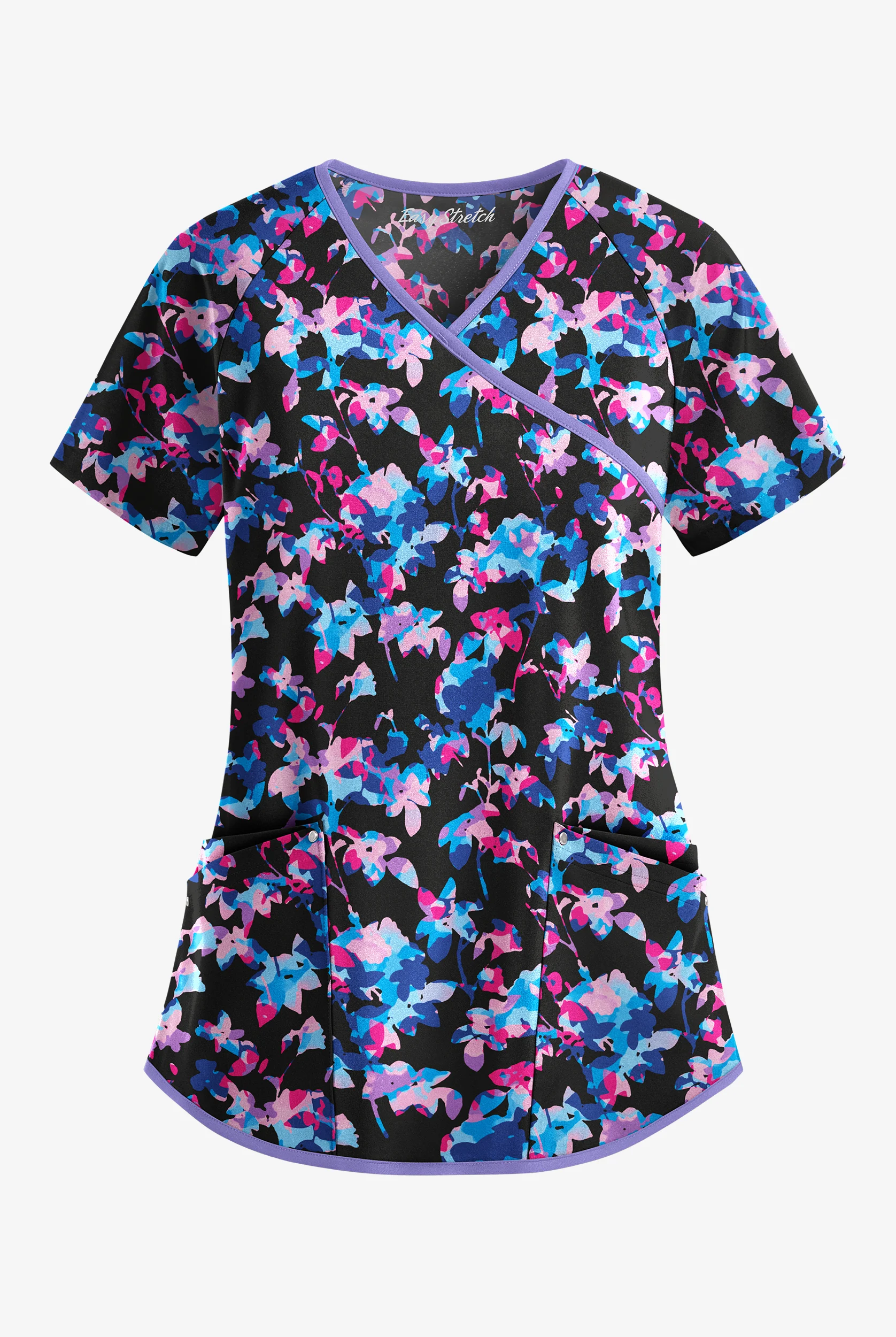 Easy STRETCH Morning Garden Onyx Women's 4-Pocket Raglan Sleeve V-Neck Mock Wrap Print Scrub Top