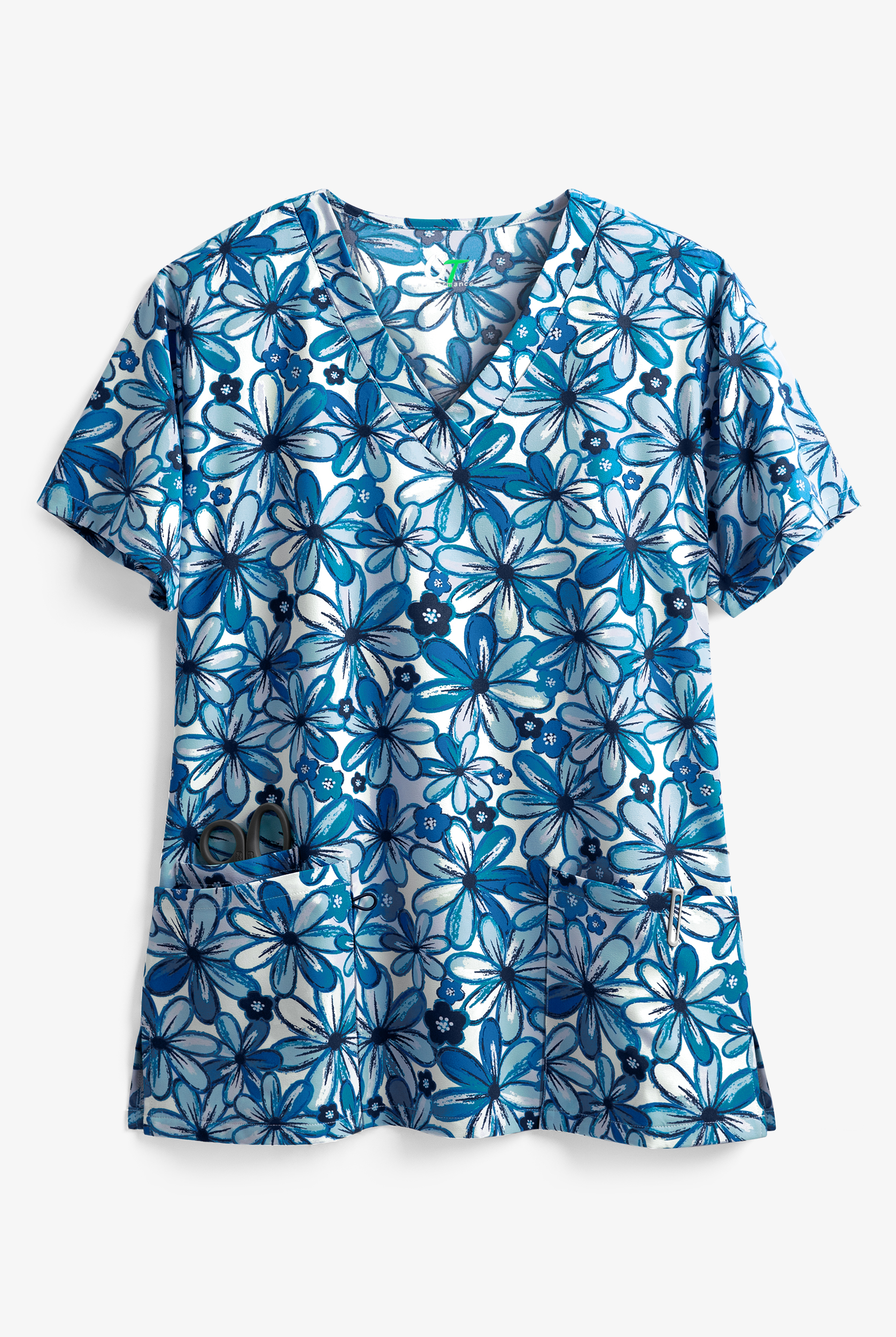 Green Town Forever Flowers Women's 3-Pocket V-Neck STRETCH Print Scrub Top