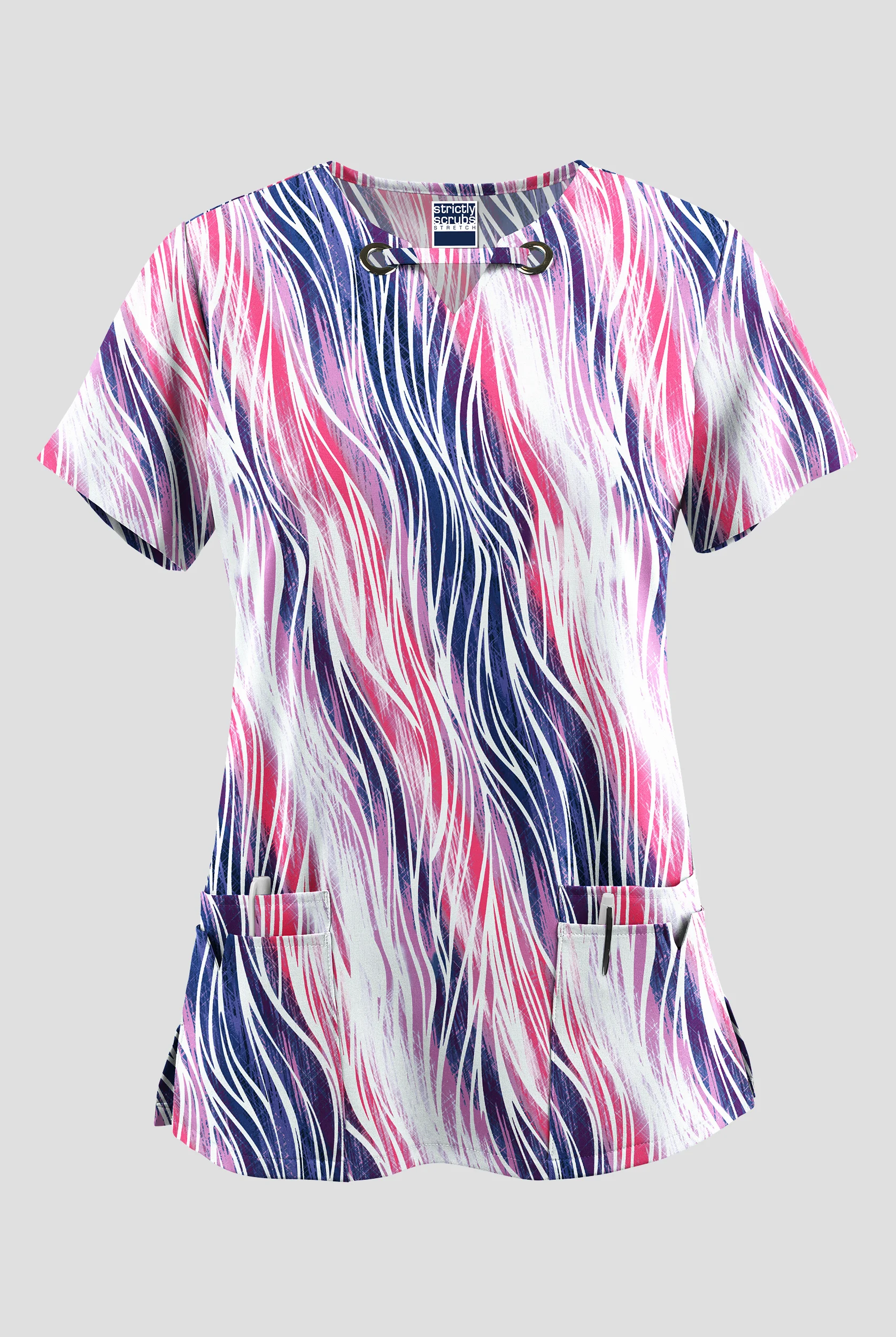 Blusa médica estampada Strictly Scrubs STRETCH Water Waves Fuchsia con cuello con ojales y 4 bolsillos para mujer