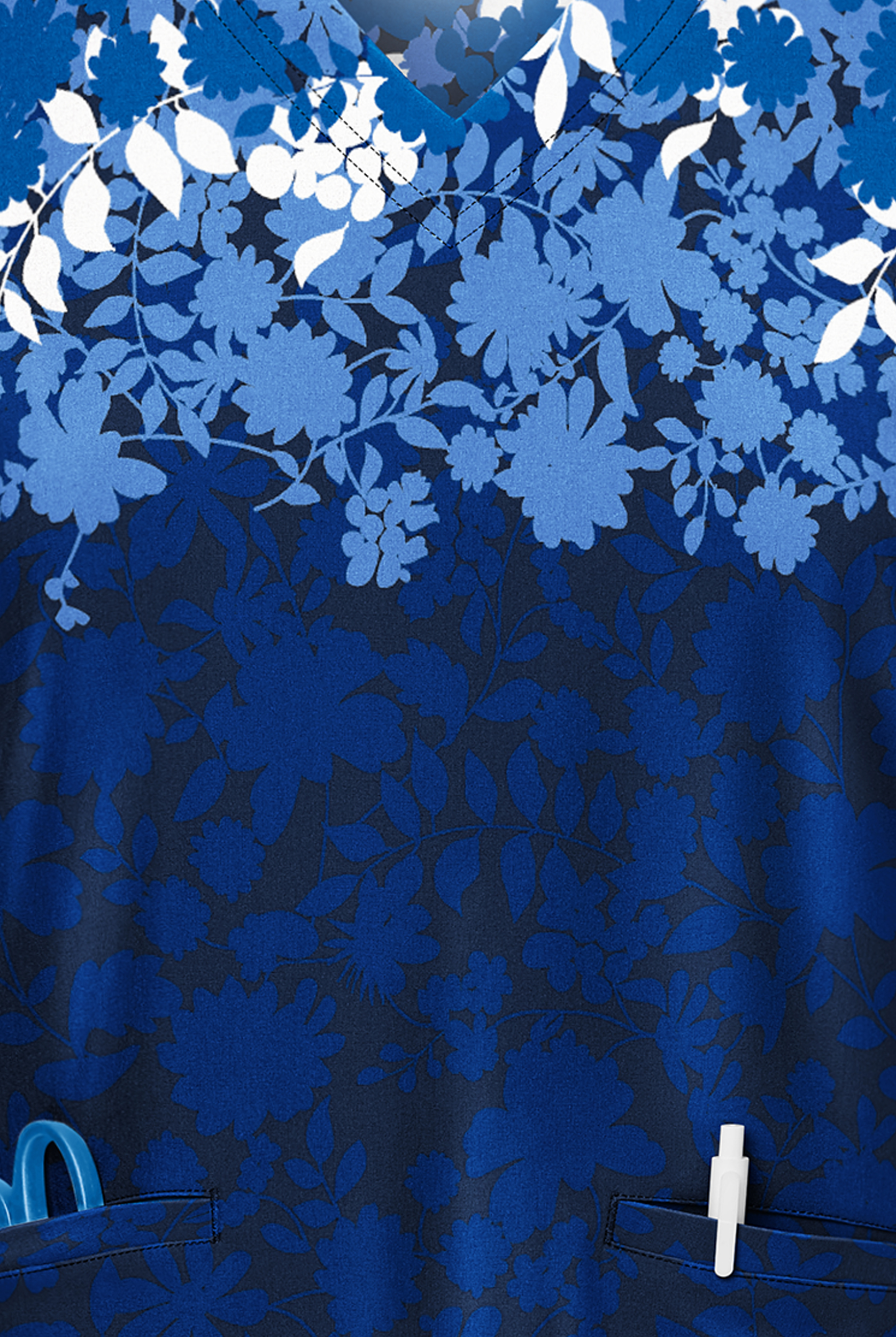 Butter-Soft Floral Shadows Navy Women's 2-Pocket V-Neck Print Scrub Top
