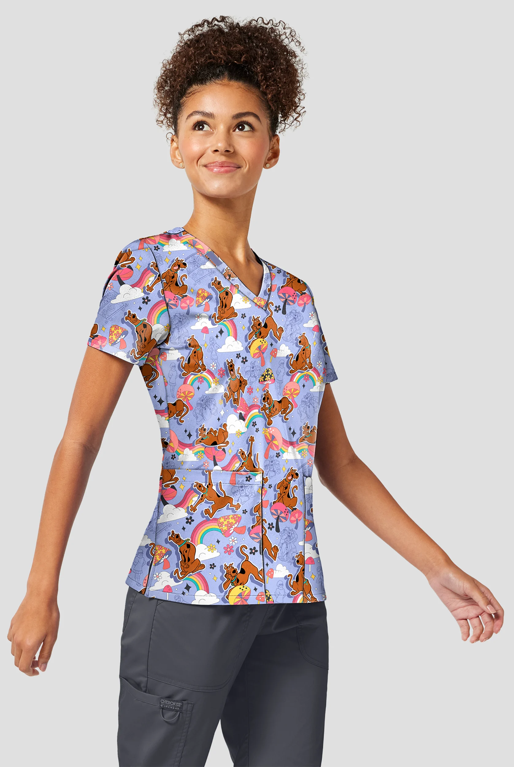 Tooniforms Scooby-Doo I Found A Clue Women's 2-Pocket STRETCH V-Neck Print Scrub Top