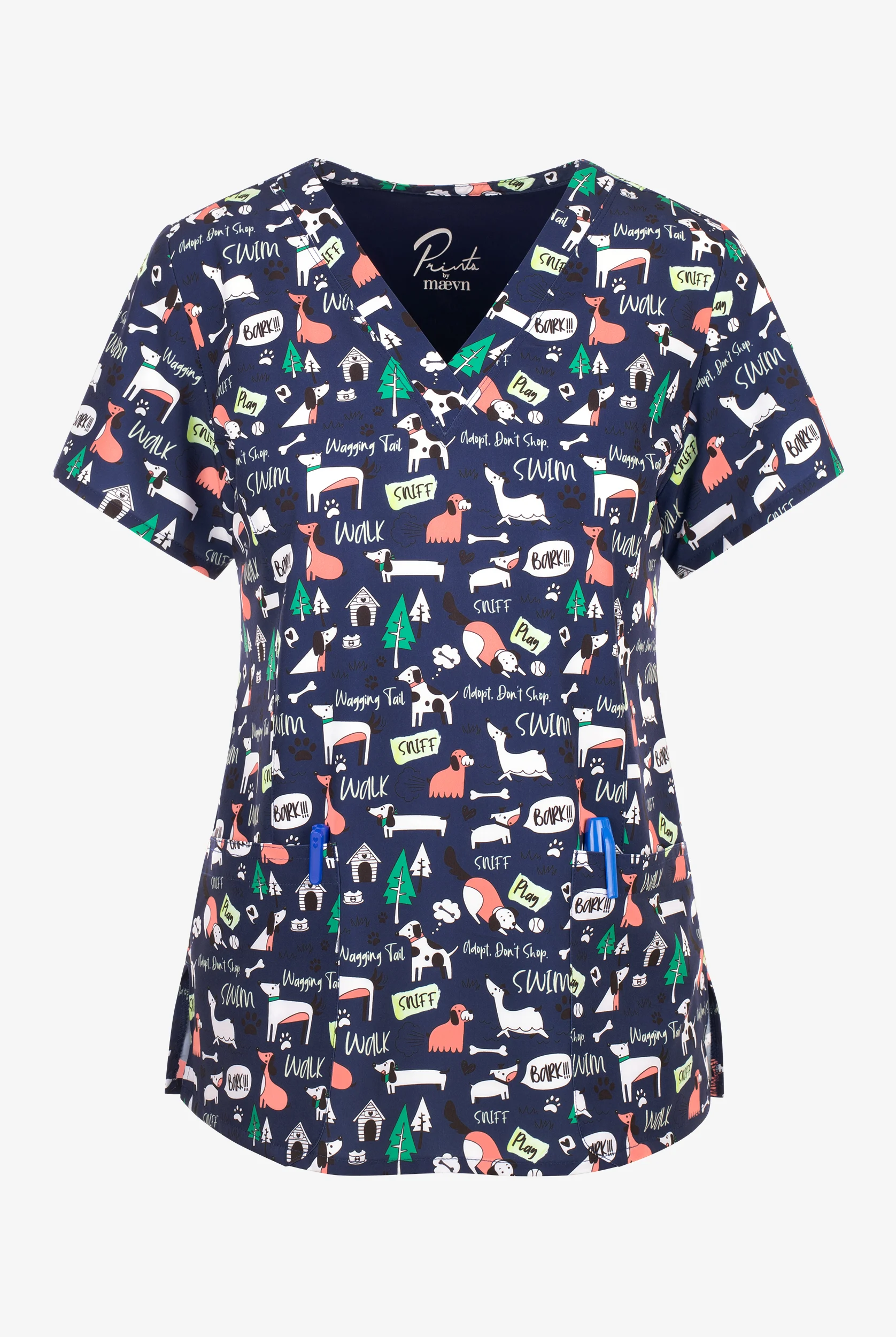 Maevn Playful Pups Women's 3-Pocket STRETCH V-Neck Print Scrub Top