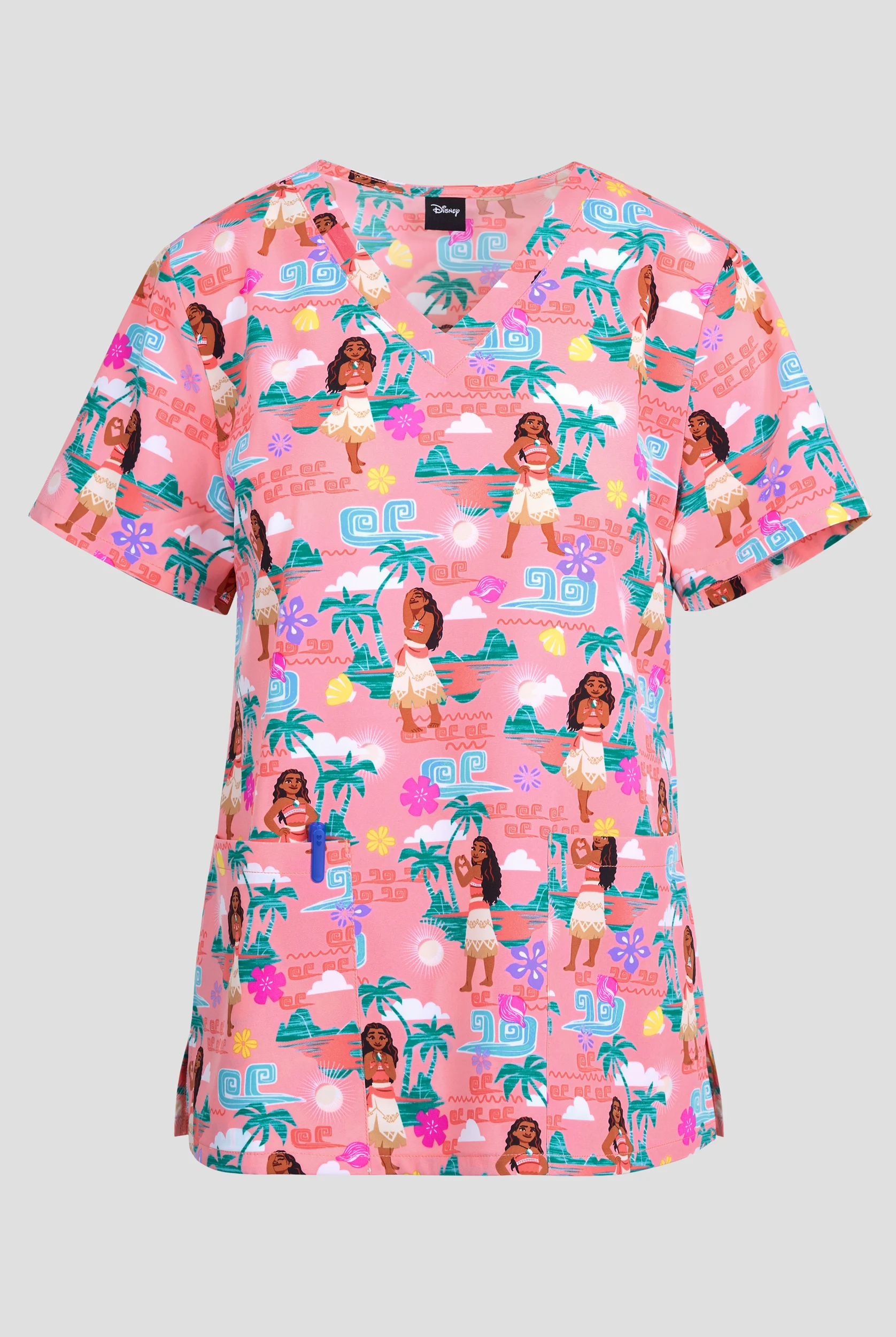 Blusa m&eacute;dica estampada Tooniforms Disney's The Sea Is Calling STRETCH con cuello en V y 2 bolsillos para mujer